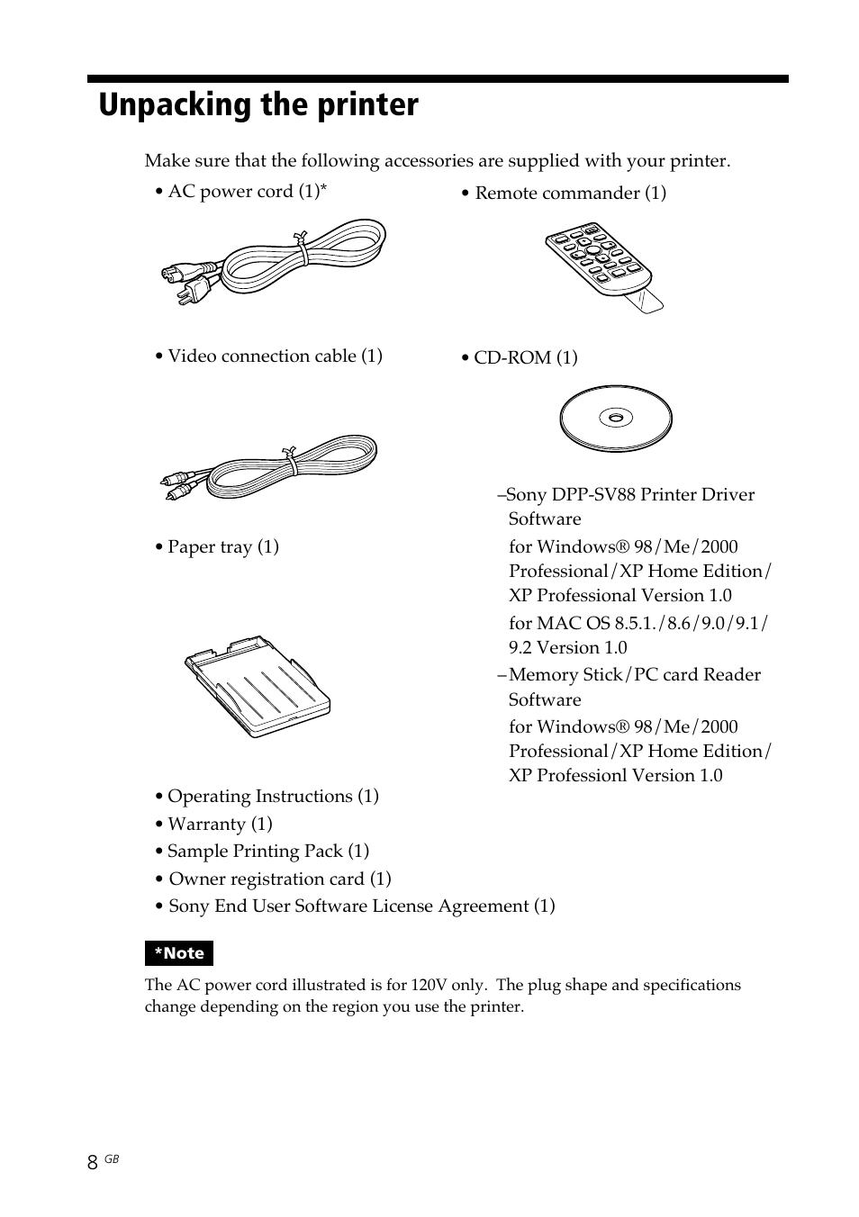 Unpacking the printer, Supplied accessories | Sony DPP-SV88 User Manual | Page 8 / 344