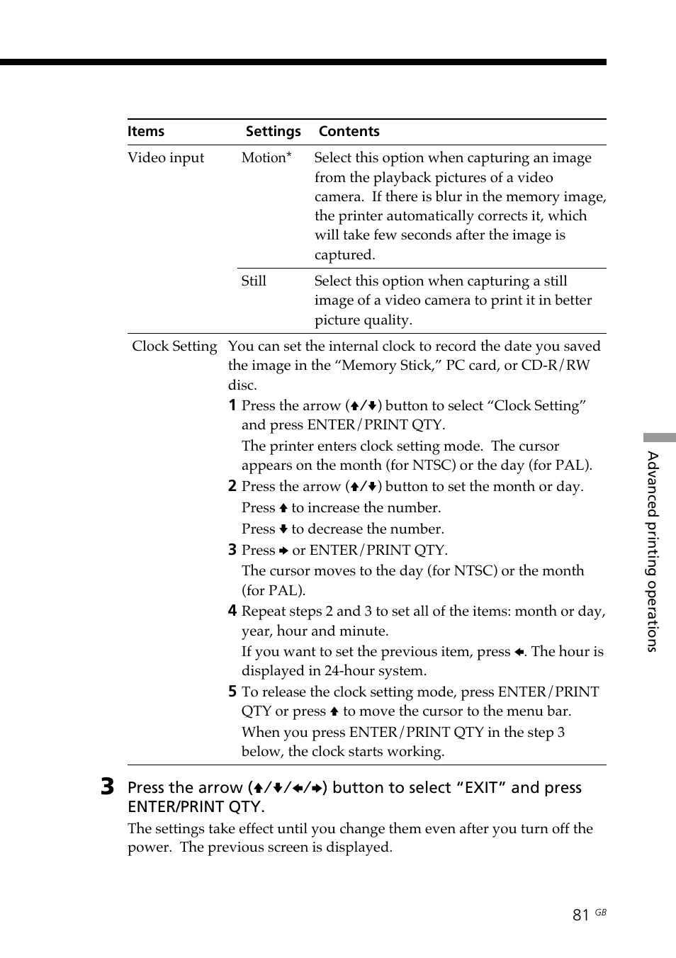 Clock setting, Video input setting | Sony DPP-SV88 User Manual | Page 81 / 344