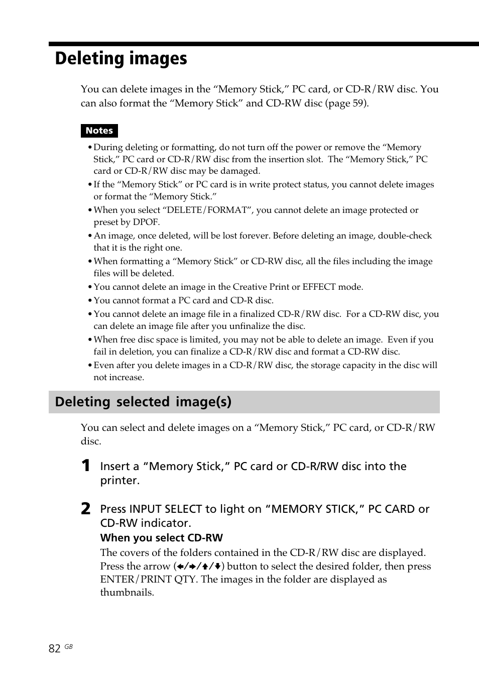 Deleting images, Deleting selected image(s), Images | Sony DPP-SV88 User Manual | Page 82 / 344