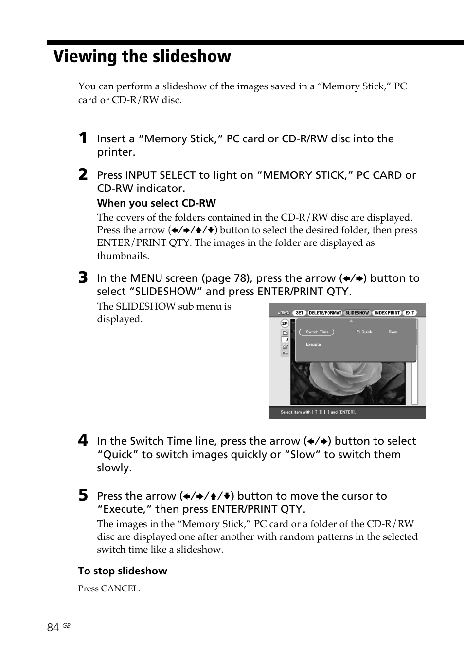 Viewing the slideshow, Slideshow | Sony DPP-SV88 User Manual | Page 84 / 344