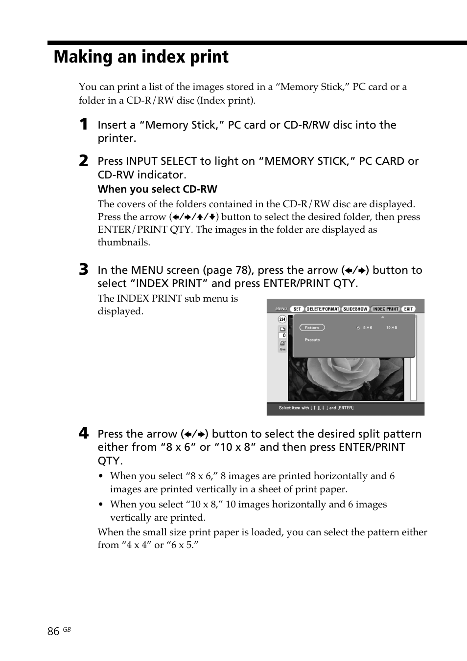 Making an index print, Index print | Sony DPP-SV88 User Manual | Page 86 / 344