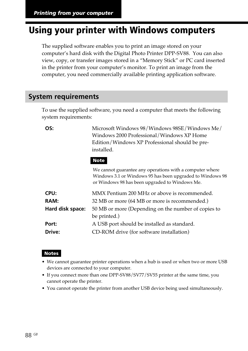 Printing from your computer, Using your printer with windows computers, System requirements | Windows, Using your printer with windows, Computers | Sony DPP-SV88 User Manual | Page 88 / 344