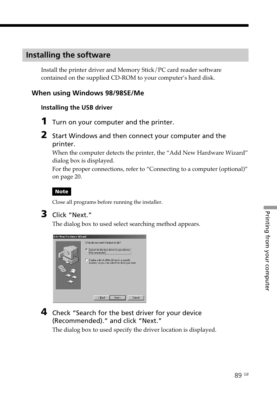 Installing the software, Windows | Sony DPP-SV88 User Manual | Page 89 / 344