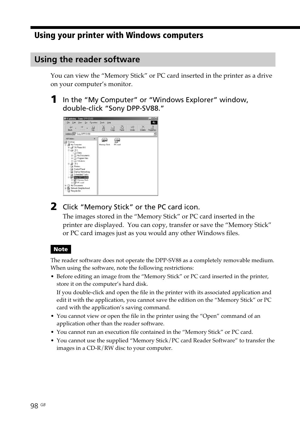 Using the reader software, Reader software | Sony DPP-SV88 User Manual | Page 98 / 344