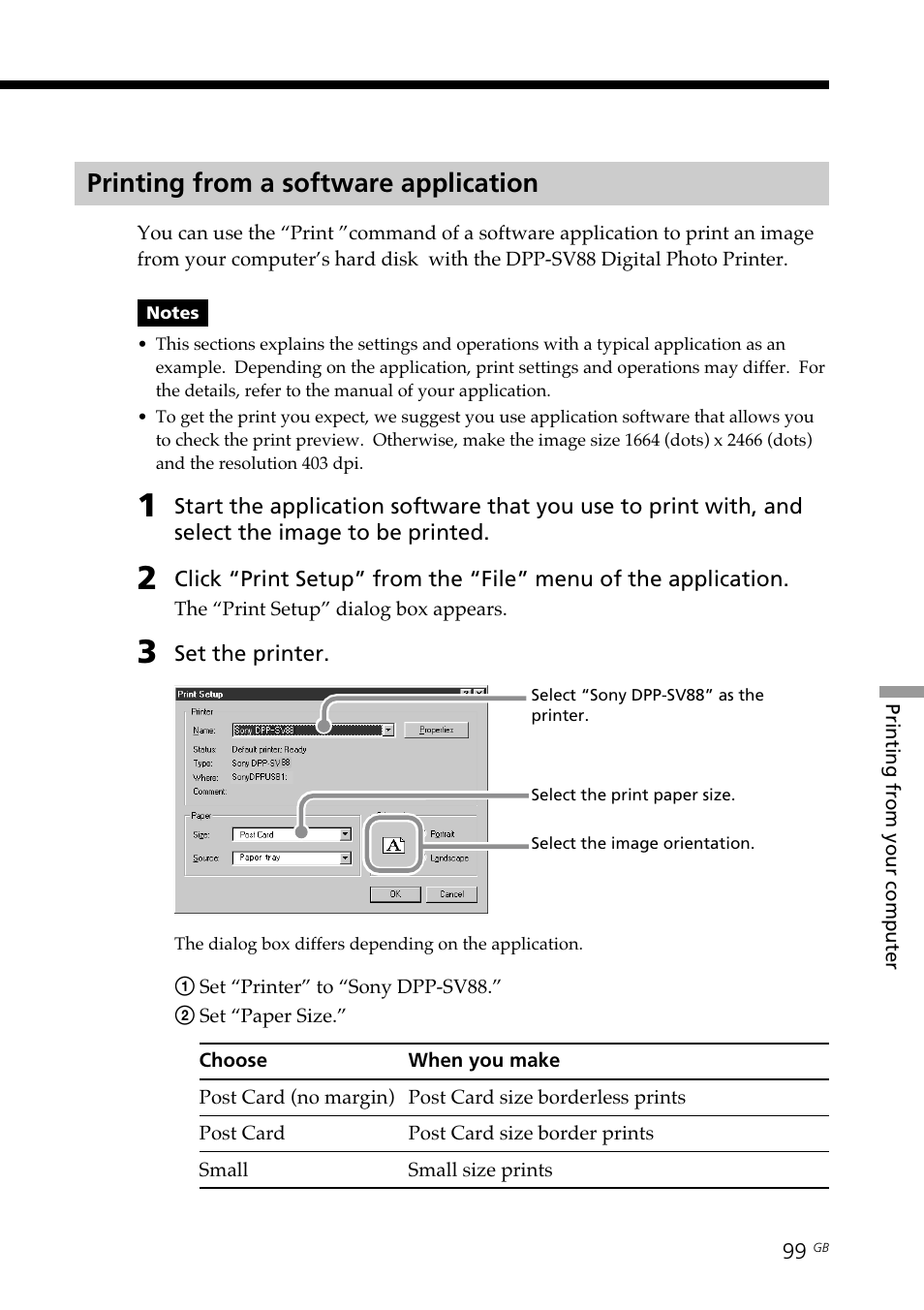 Printing from a software application, From a windows comptuer | Sony DPP-SV88 User Manual | Page 99 / 344