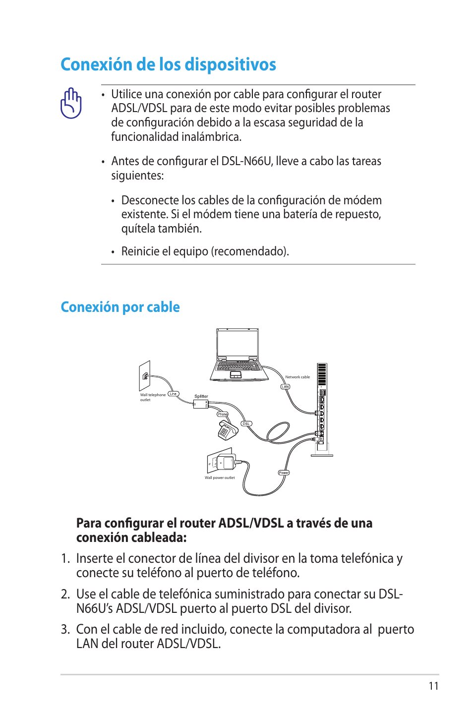 Conexión de los dispositivos, Conexión por cable | Asus DSL-N66U User Manual | Page 11 / 70