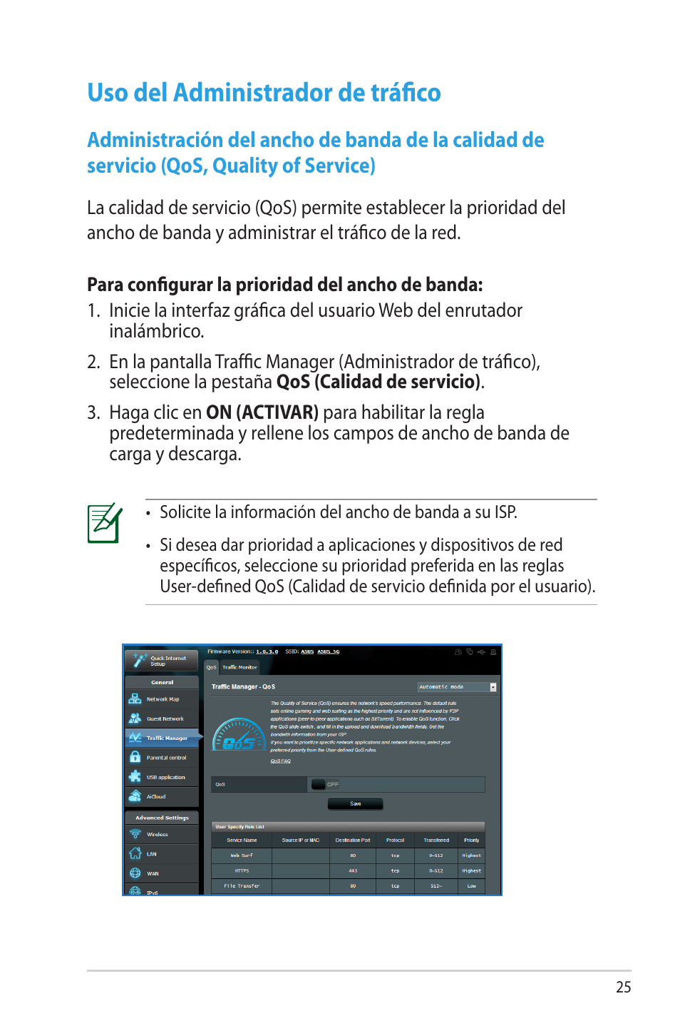 Uso del administrador de tráfico | Asus DSL-N66U User Manual | Page 25 / 70