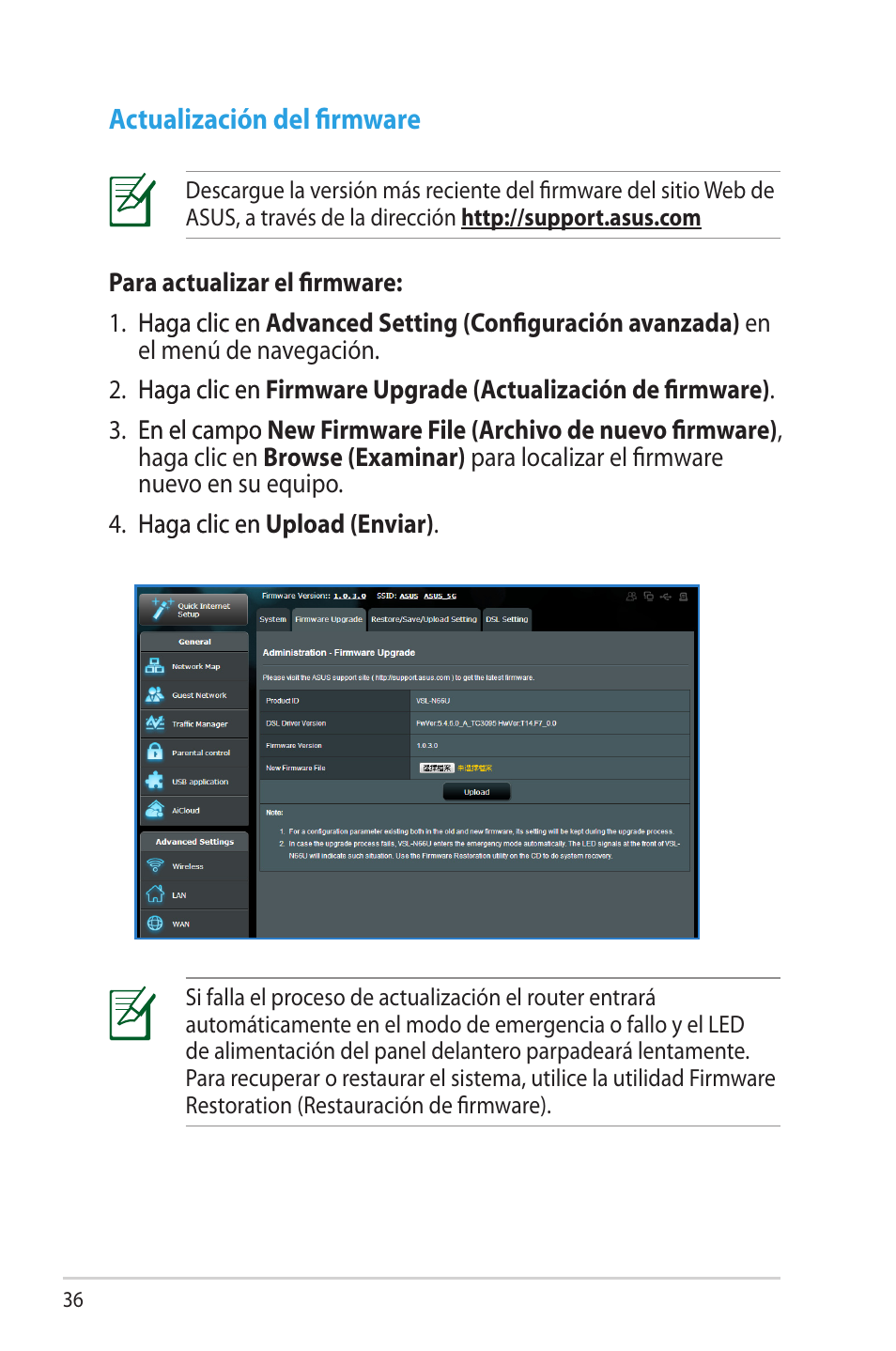 Actualización del firmware | Asus DSL-N66U User Manual | Page 36 / 70