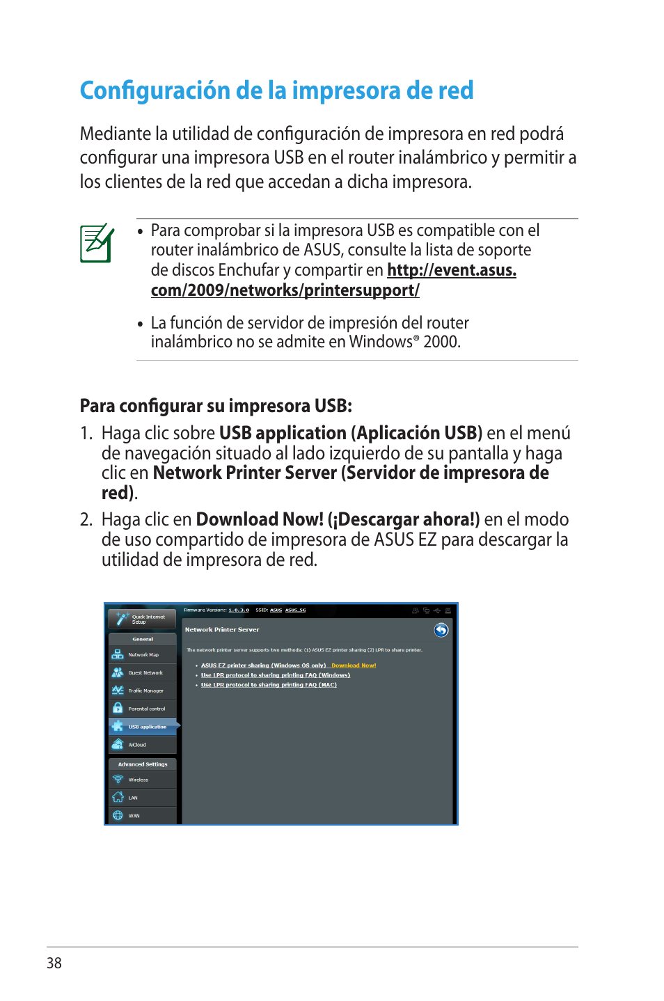 Configuración de la impresora de red | Asus DSL-N66U User Manual | Page 38 / 70