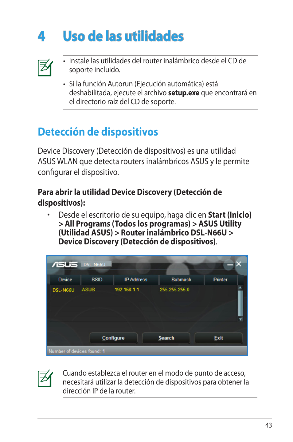4 uso de las utilidades, Detección de dispositivos | Asus DSL-N66U User Manual | Page 43 / 70