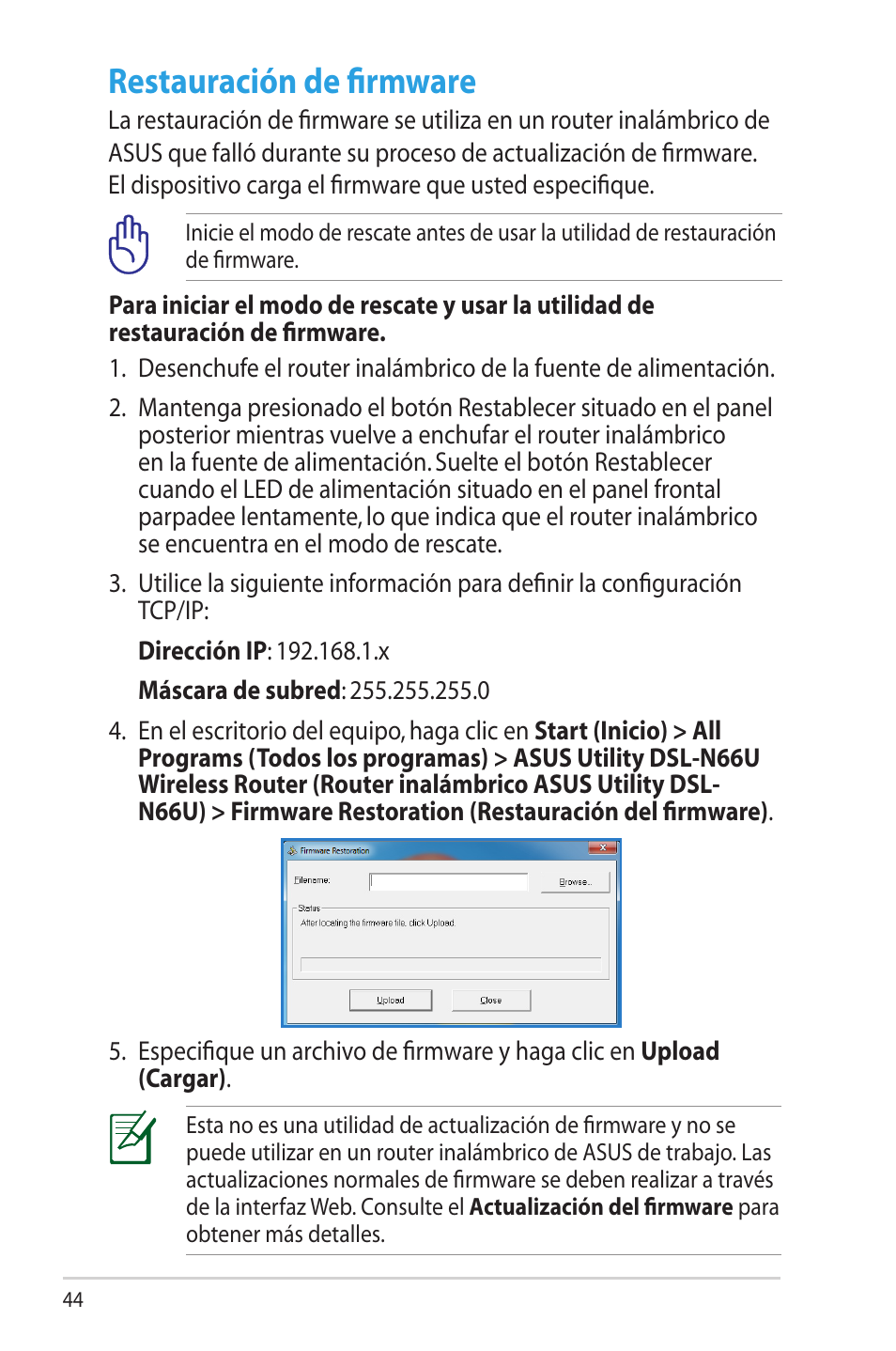 Restauración de firmware | Asus DSL-N66U User Manual | Page 44 / 70
