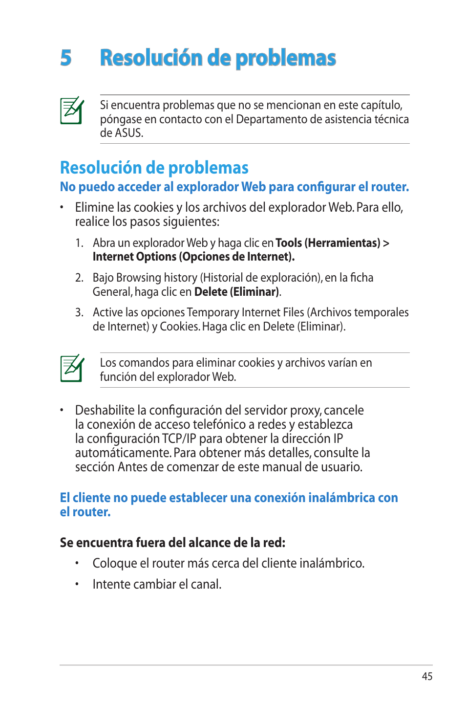 5 resolución de problemas, Resolución de problemas | Asus DSL-N66U User Manual | Page 45 / 70