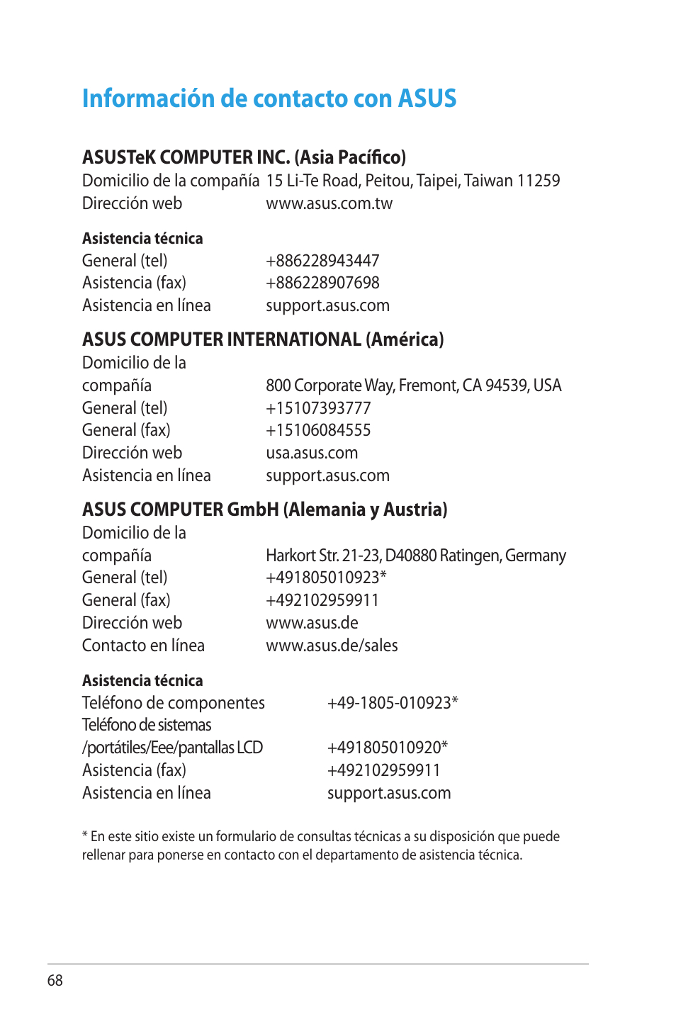 Información de contacto con asus | Asus DSL-N66U User Manual | Page 68 / 70