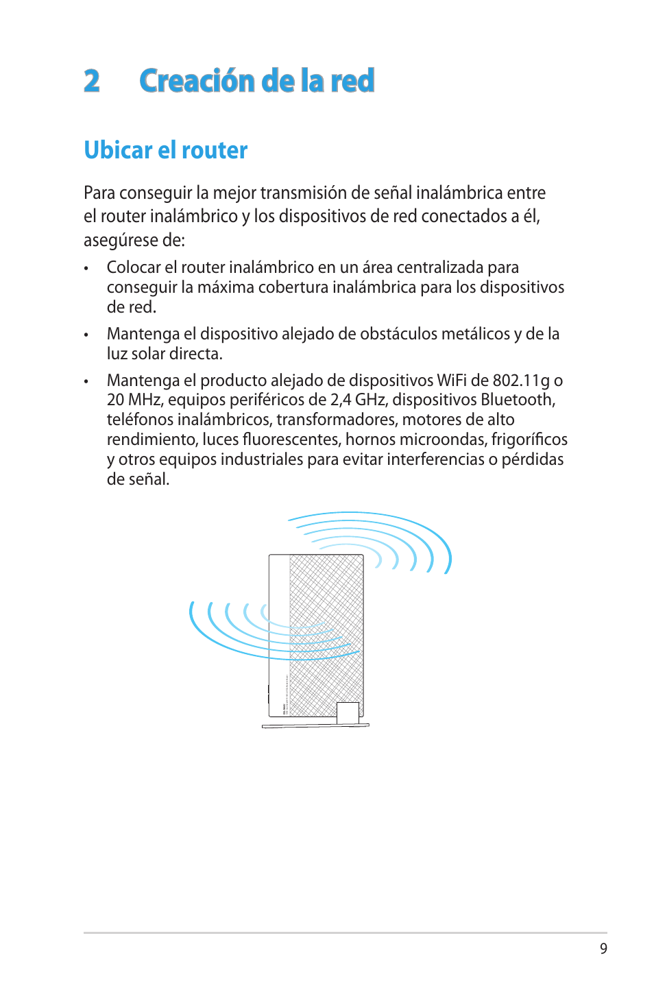 2 creación de la red, Ubicar el router | Asus DSL-N66U User Manual | Page 9 / 70