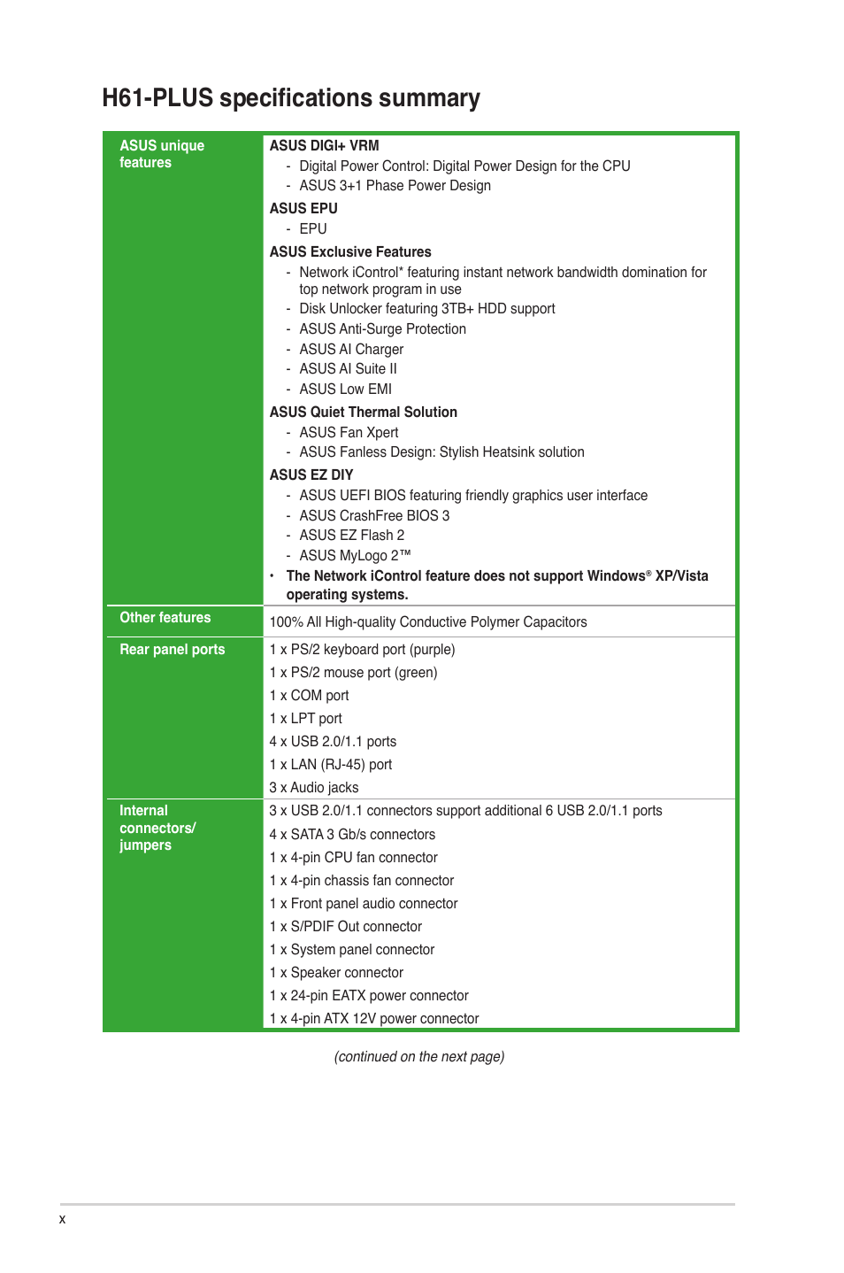 H61-plus specifications summary | Asus H61-PLUS User Manual | Page 10 / 84