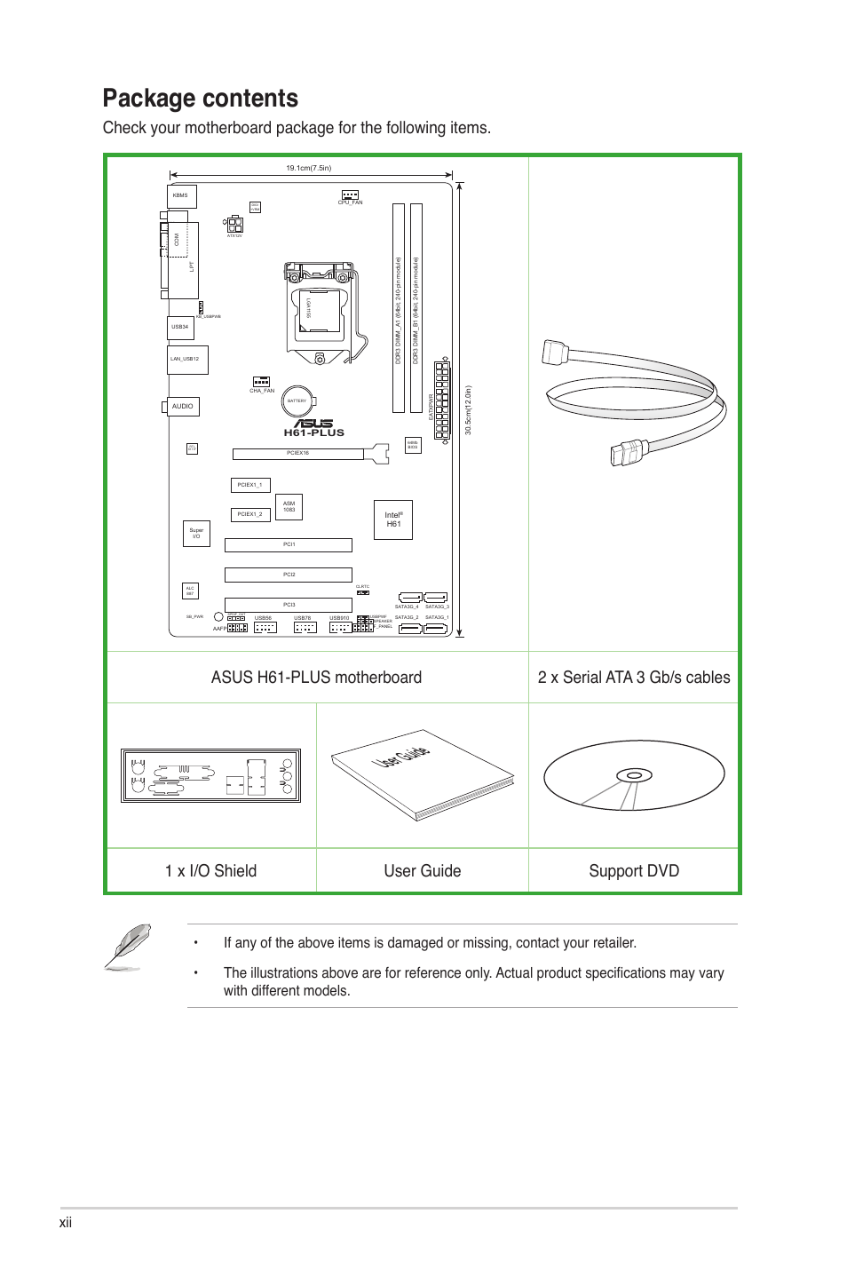 Package contents, User guide, 1 x i/o shield user guide support dvd | Asus H61-PLUS User Manual | Page 12 / 84