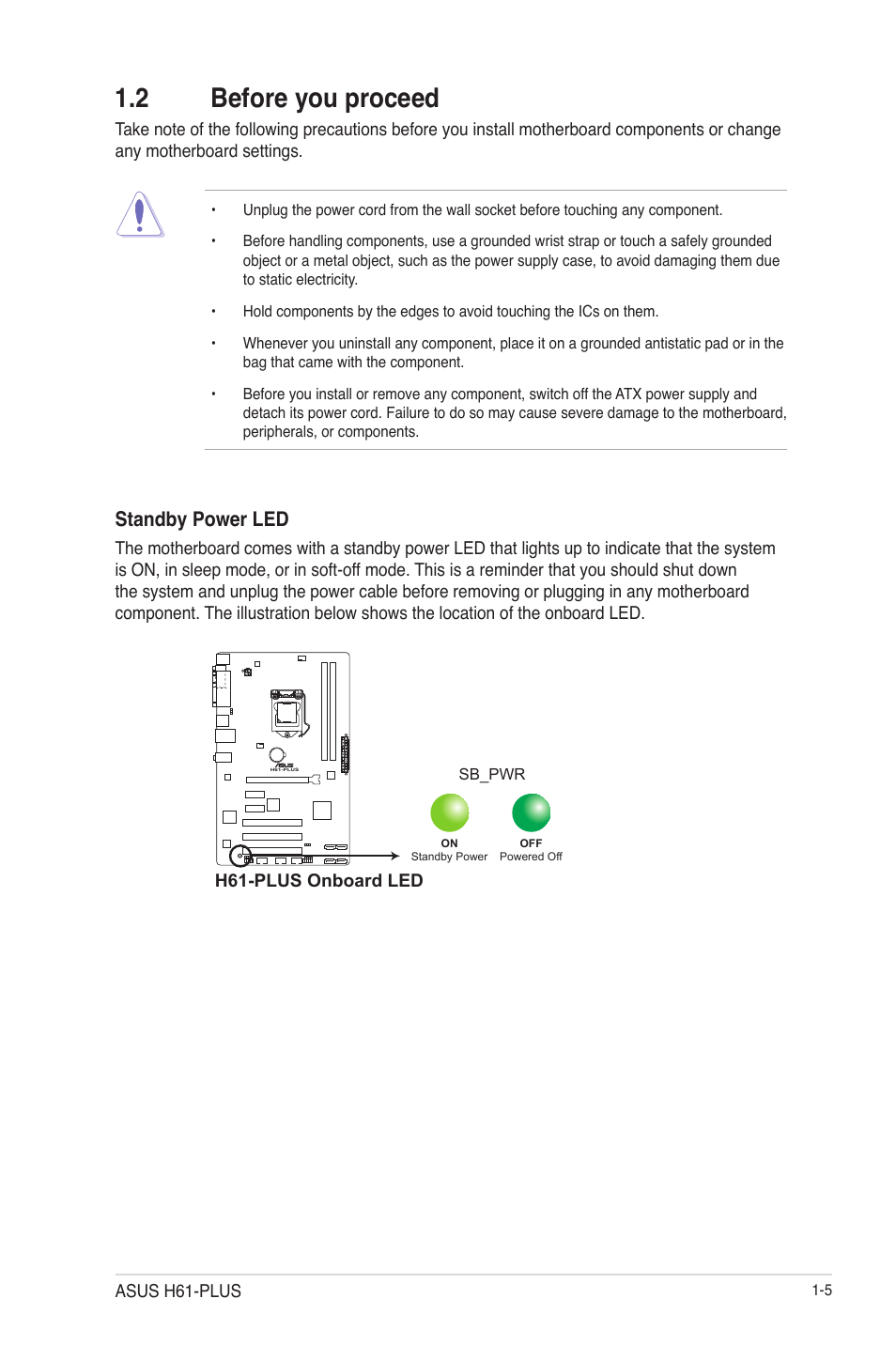 2 before you proceed, 2 before you proceed -5, Standby power led | Asus H61-PLUS User Manual | Page 17 / 84