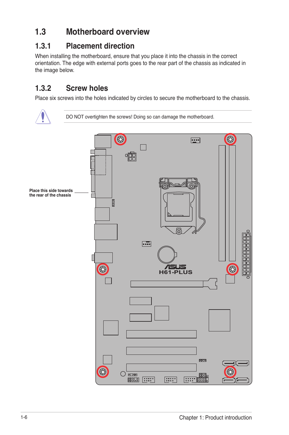 3 motherboard overview, 1 placement direction, 2 screw holes | 3 motherboard overview -6, Placement direction -6, Screw holes -6 | Asus H61-PLUS User Manual | Page 18 / 84