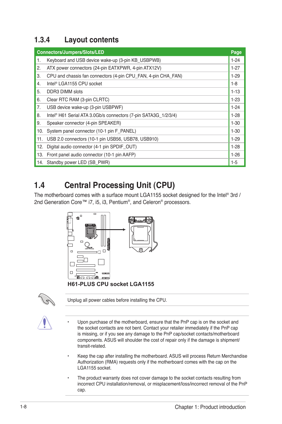 4 layout contents, 4 central processing unit (cpu), Layout contents -8 | 4 central processing unit (cpu) -8 | Asus H61-PLUS User Manual | Page 20 / 84