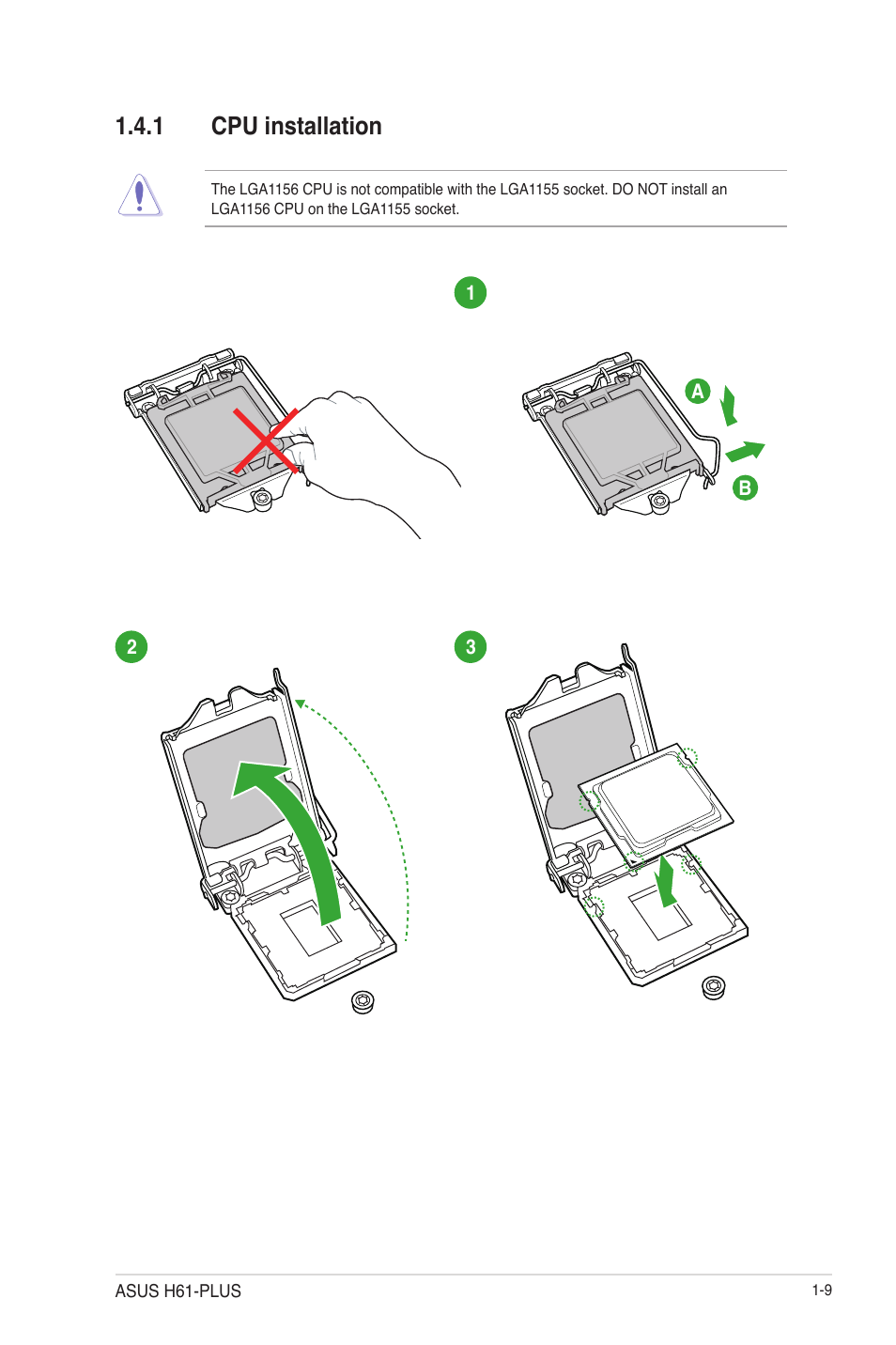 1 cpu installation, Cpu installation -9 | Asus H61-PLUS User Manual | Page 21 / 84