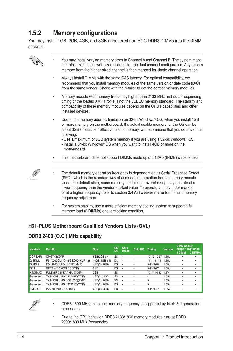 2 memory configurations, Memory configurations -14, Chapter 1: product introduction | Asus H61-PLUS User Manual | Page 26 / 84