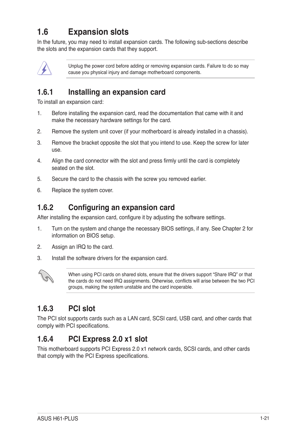 6 expansion slots, 1 installing an expansion card, 2 configuring an expansion card | 3 pci slot, 4 pci express 2.0 x1 slot, 6 expansion slots -21, Installing an expansion card -21, Configuring an expansion card -21, Pci slot -21, Pci express 2.0 x1 slot -21 | Asus H61-PLUS User Manual | Page 33 / 84