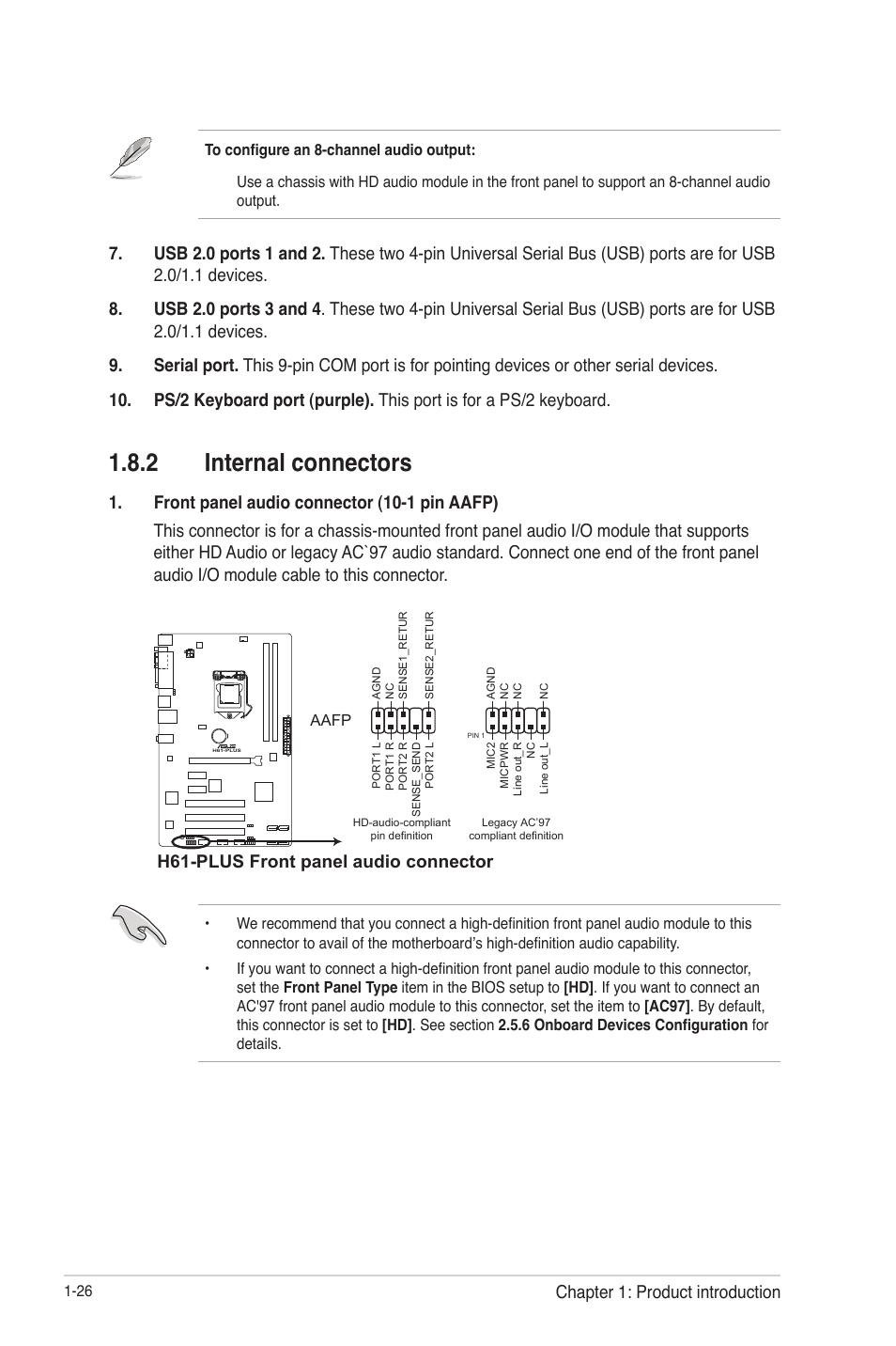 2 internal connectors, Internal connectors -26, H61-plus front panel audio connector | Chapter 1: product introduction | Asus H61-PLUS User Manual | Page 38 / 84