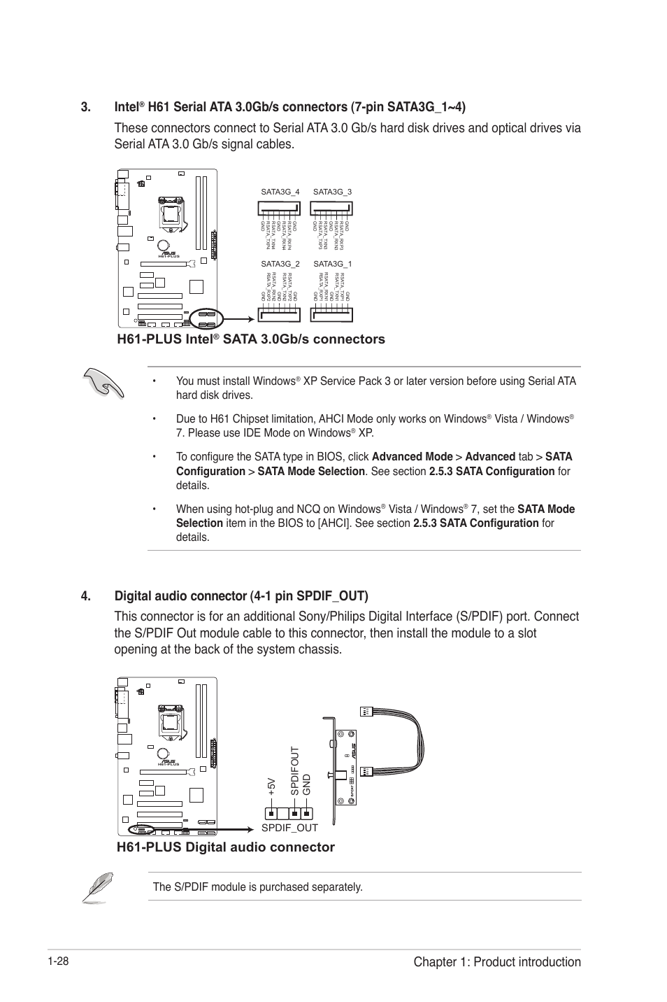 Intel, H61-plus intel, H61-plus digital audio connector | Chapter 1: product introduction, You must install windows, Vista / windows, Please use ide mode on windows, The s/pdif module is purchased separately | Asus H61-PLUS User Manual | Page 40 / 84