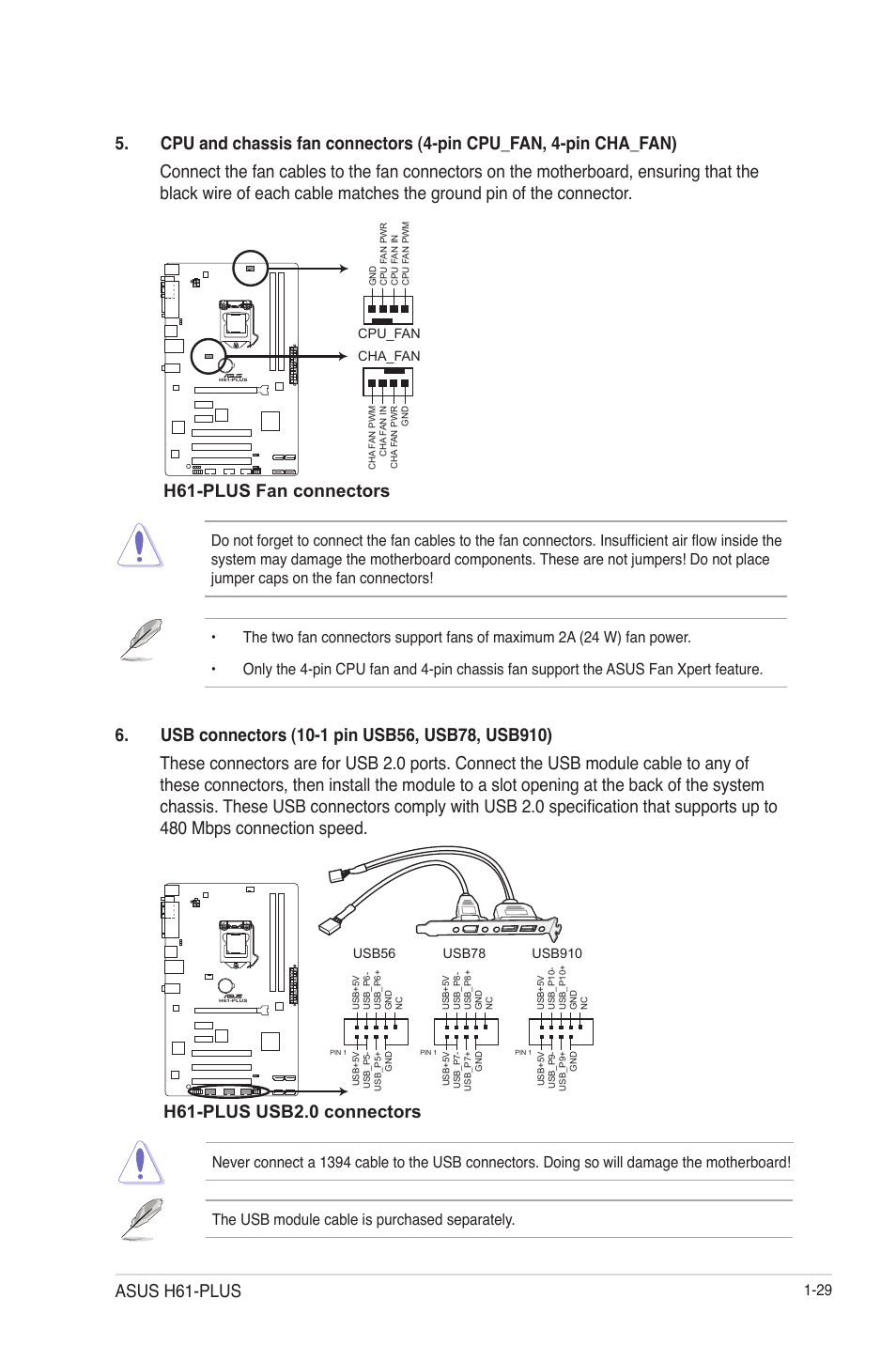 H61-plus fan connectors, H61-plus usb2.0 connectors, Asus h61-plus | Asus H61-PLUS User Manual | Page 41 / 84