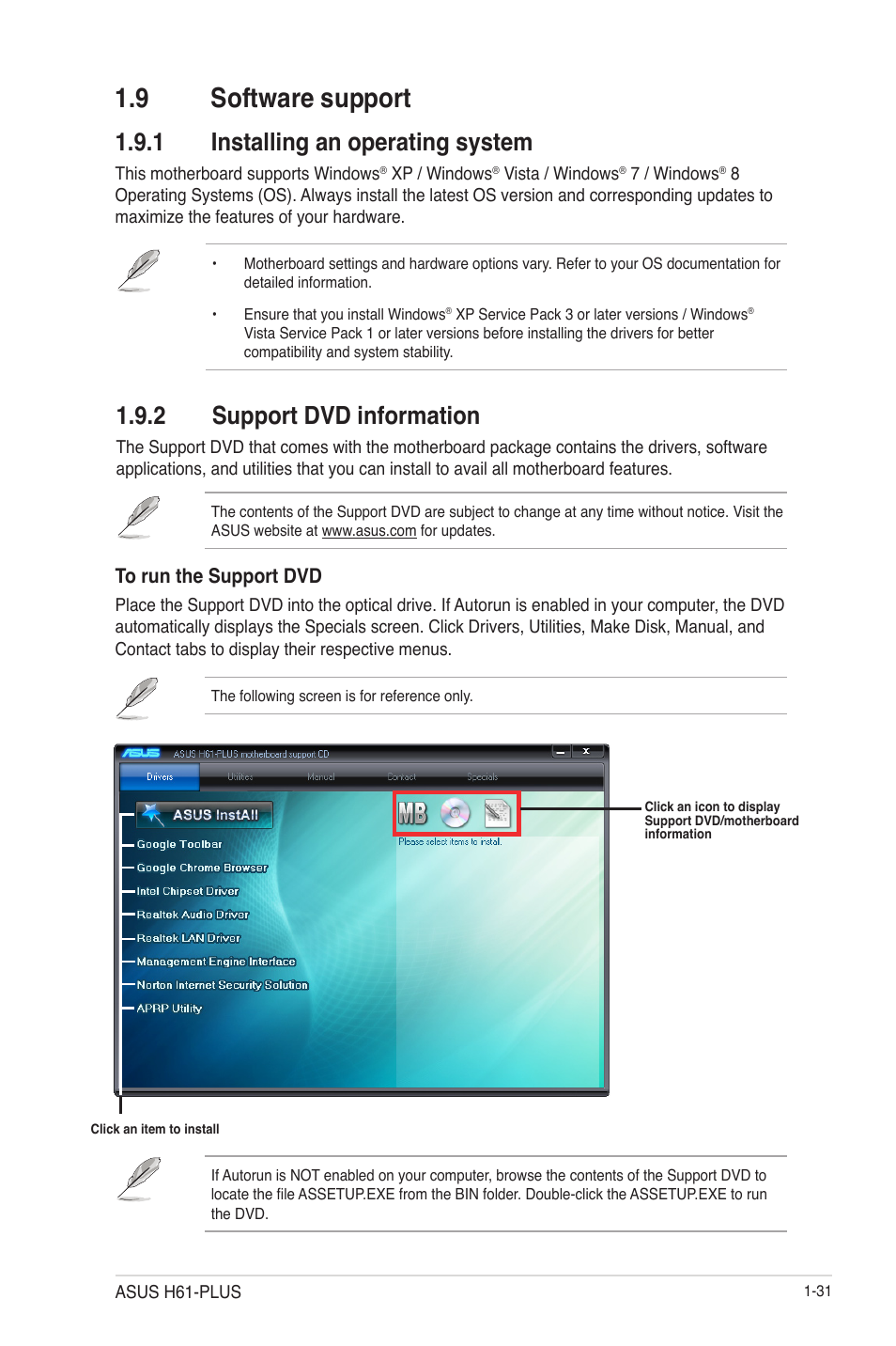 9 software support, 1 installing an operating system, 2 support dvd information | 9 software support -31, Installing an operating system -31, Support dvd information -31 | Asus H61-PLUS User Manual | Page 43 / 84