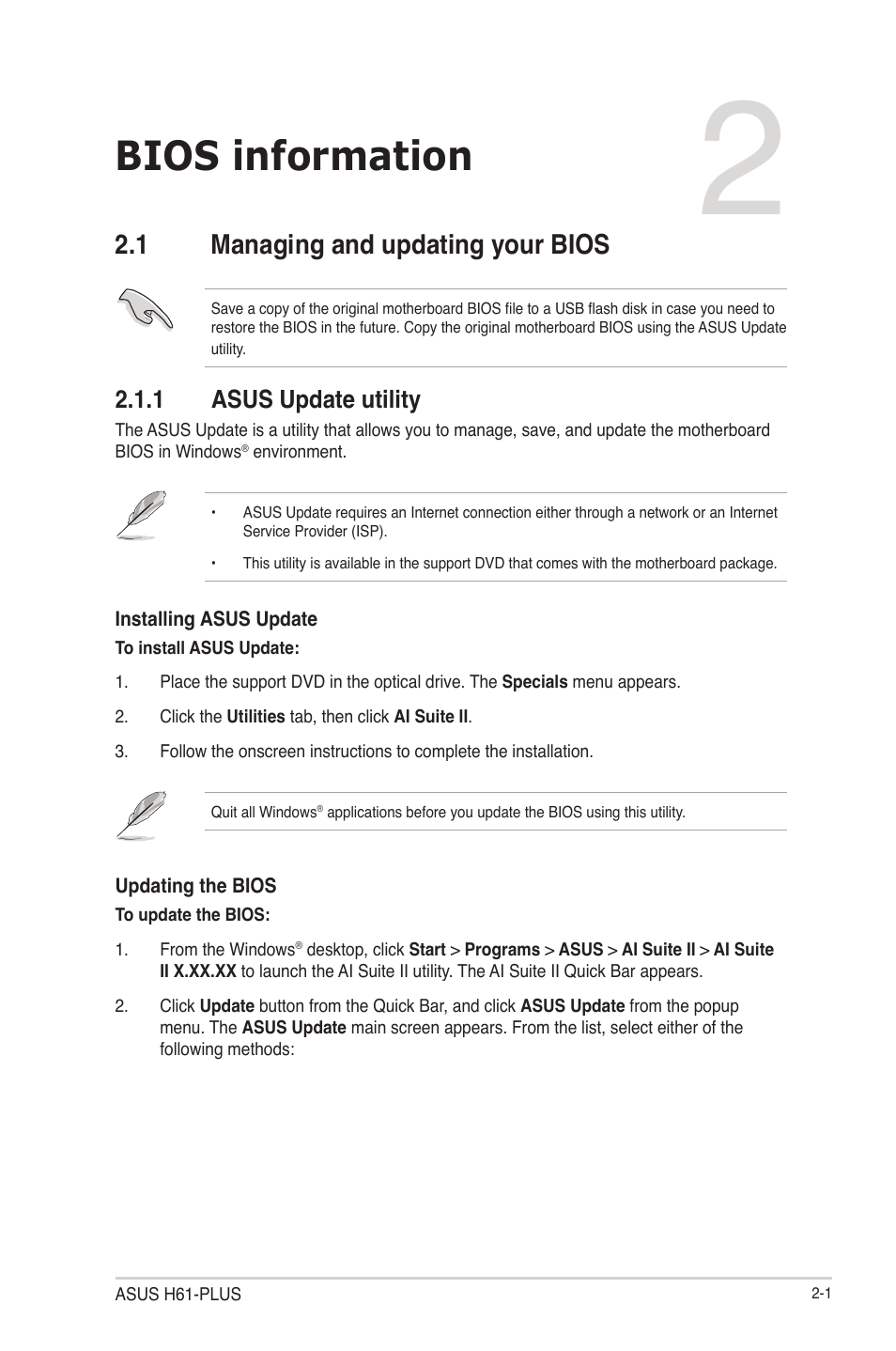 Chapter 2: bios information, 1 managing and updating your bios, 1 asus update utility | Bios information, 1 managing and updating your bios -1, Asus update utility -1 | Asus H61-PLUS User Manual | Page 45 / 84