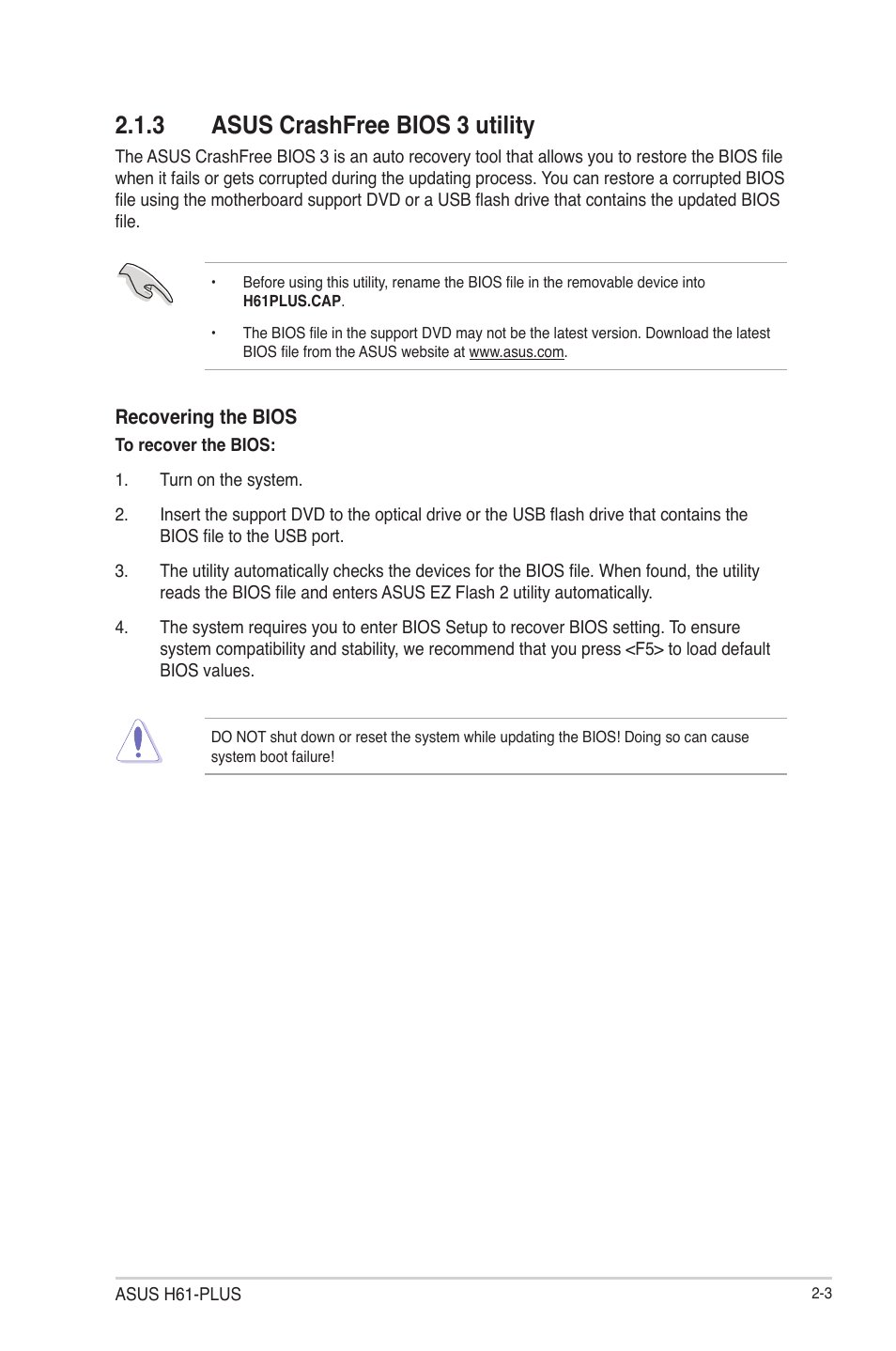 3 asus crashfree bios 3 utility, Asus crashfree bios 3 utility -3 | Asus H61-PLUS User Manual | Page 47 / 84