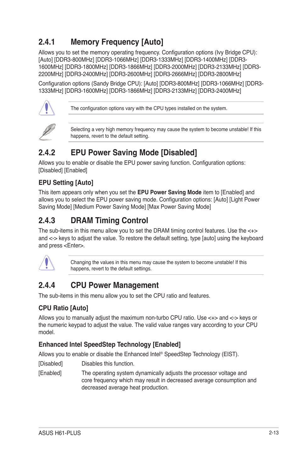 1 memory frequency [auto, 2 epu power saving mode [disabled, 3 dram timing control | 4 cpu power management, Memory frequency [auto] -13, Epu power saving mode [disabled] -13, Dram timing control -13, Cpu power management -13 | Asus H61-PLUS User Manual | Page 57 / 84