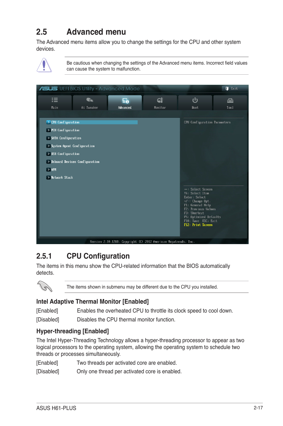 5 advanced menu, 1 cpu configuration, 5 advanced menu -17 | Cpu configuration -17 | Asus H61-PLUS User Manual | Page 61 / 84