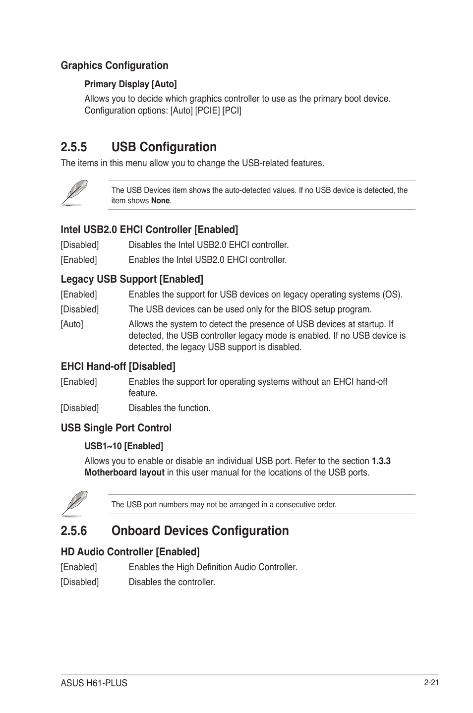 5 usb configuration, 6 onboard devices configuration, Usb configuration -21 | Onboard devices configuration -21 | Asus H61-PLUS User Manual | Page 65 / 84