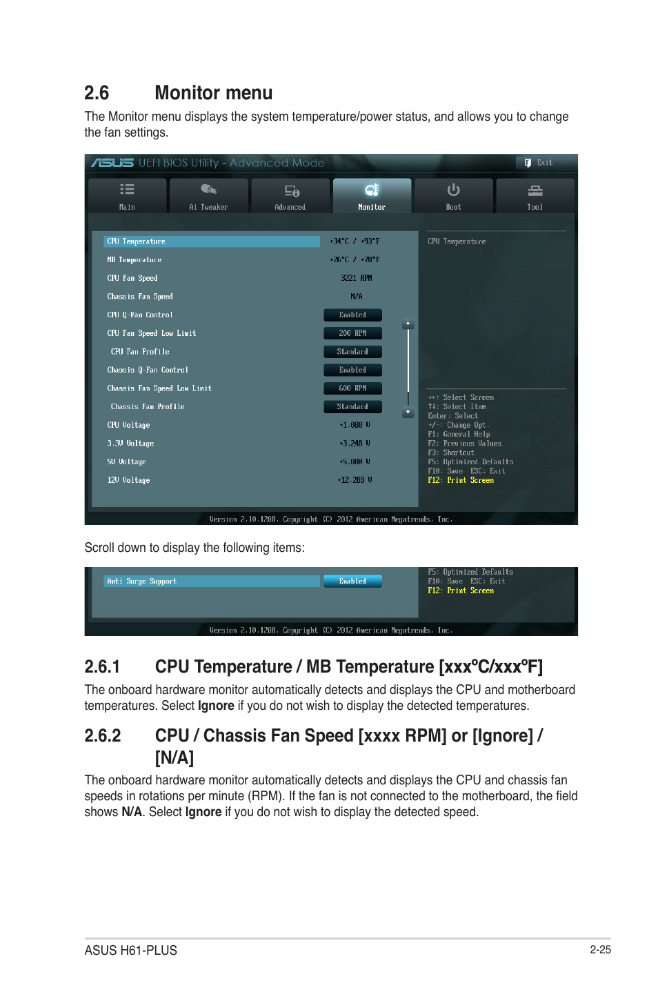 6 monitor menu, 1 cpu temperature / mb temperature [xxxºc/xxxºf, 6 monitor menu -25 | Cpu temperature / mb temperature [xxxºc/xxxºf] -25 | Asus H61-PLUS User Manual | Page 69 / 84