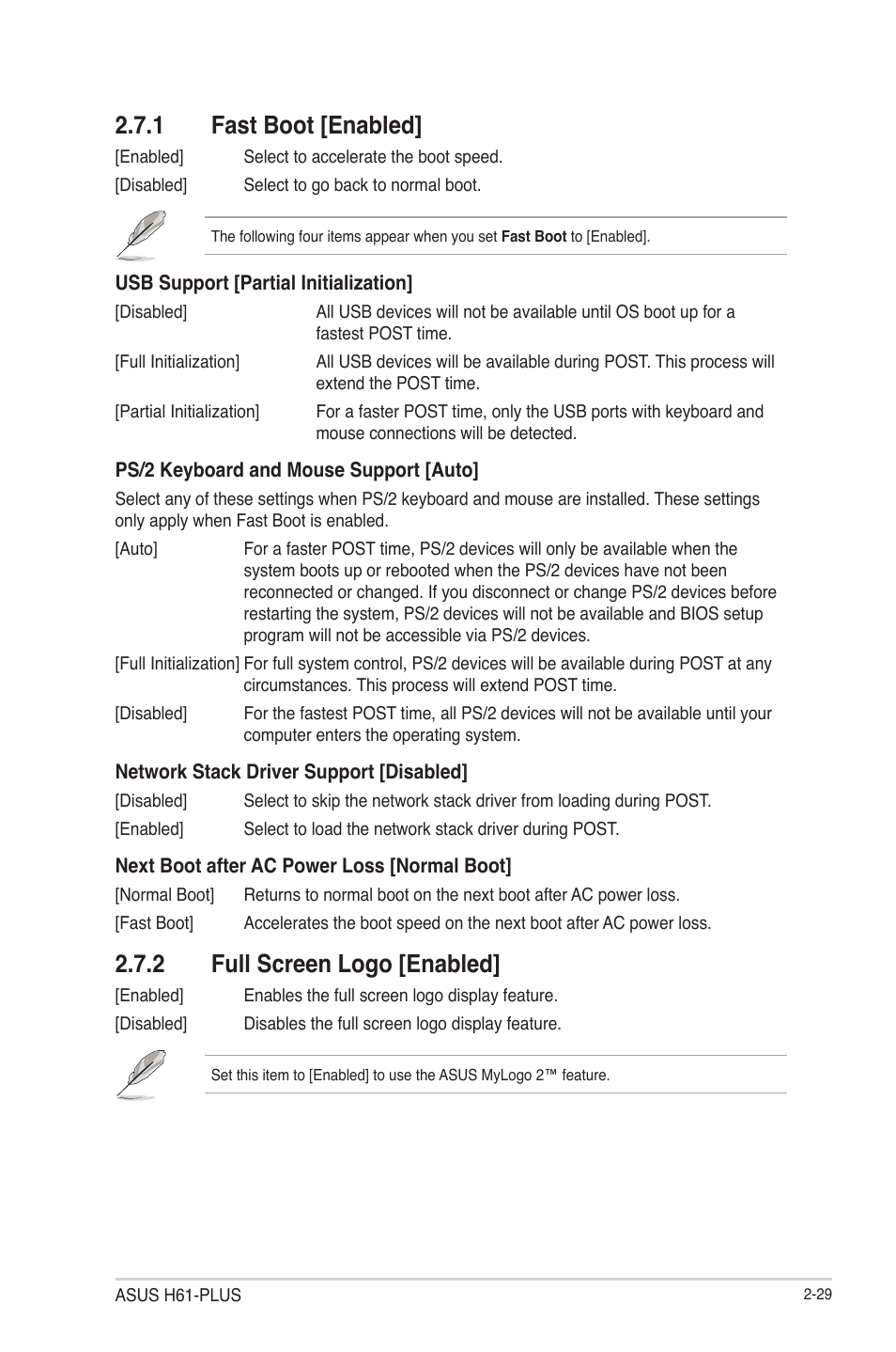 1 fast boot [enabled, 2 full screen logo [enabled, Fast boot [enabled] -29 | Full screen logo [enabled] -29 | Asus H61-PLUS User Manual | Page 73 / 84