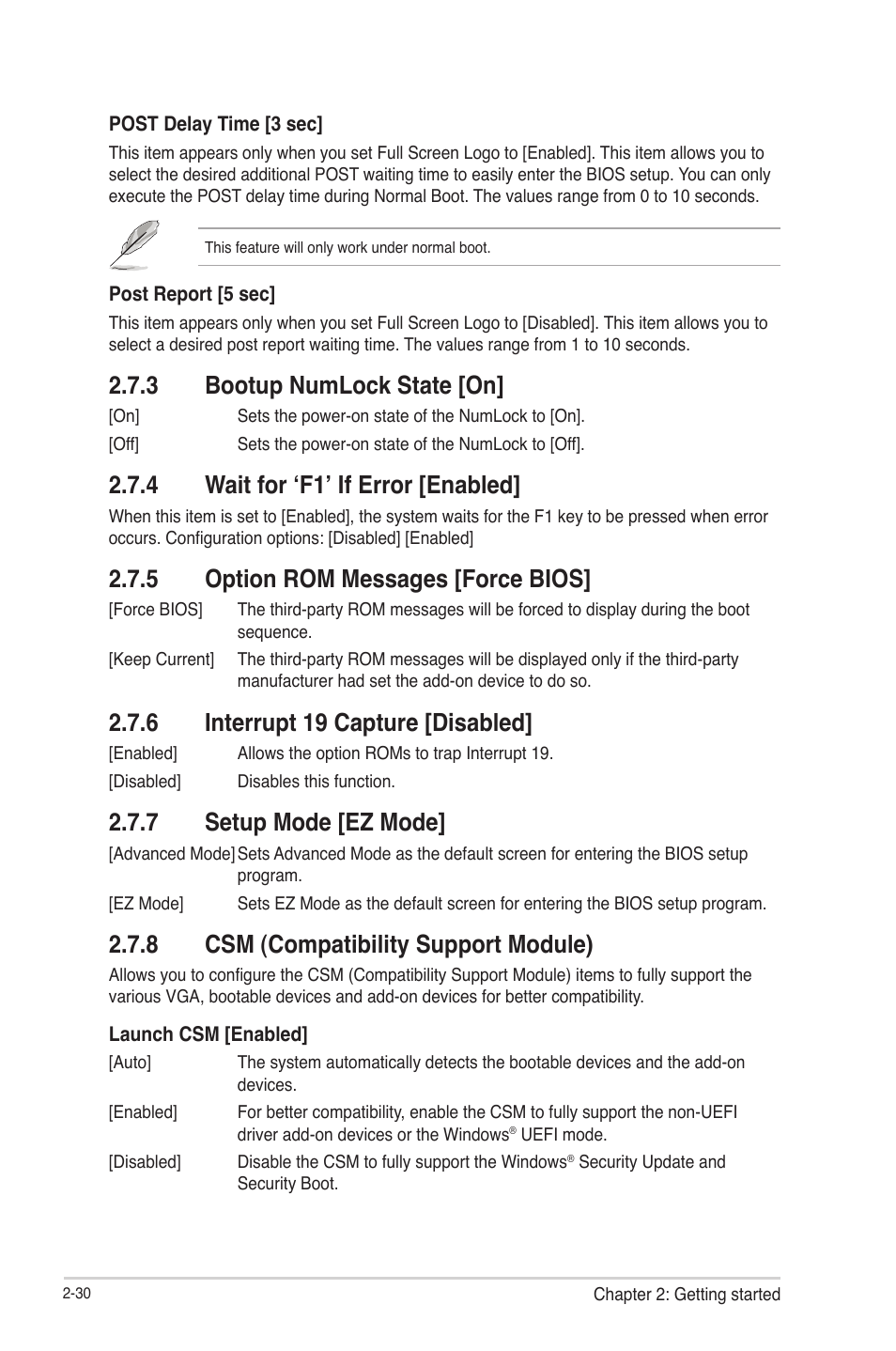 3 bootup numlock state [on, 4 wait for ‘f1’ if error [enabled, 5 option rom messages [force bios | 6 interrupt 19 capture [disabled, 7 setup mode [ez mode, 8 csm (compatibility support module), Bootup numlock state [on] -30, Wait for ‘f1’ if error [enabled] -30, Option rom messages [force bios] -30, Interrupt 19 capture [disabled] -30 | Asus H61-PLUS User Manual | Page 74 / 84