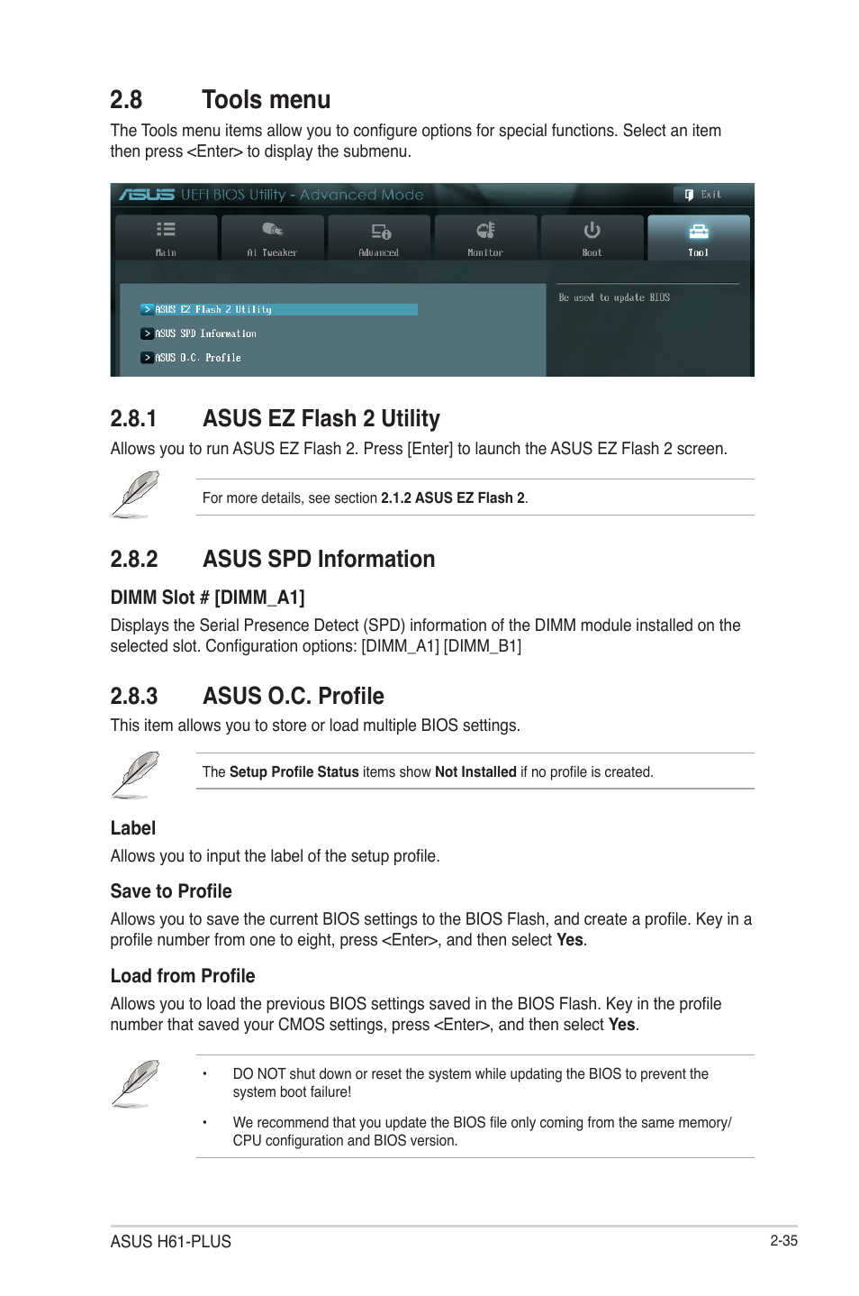 8 tools menu, 1 asus ez flash 2 utility, 2 asus spd information | 3 asus o.c. profile, 8 tools menu -35, Asus ez flash 2 utility -35, Asus spd information -35, Asus o.c. profile -35 | Asus H61-PLUS User Manual | Page 79 / 84