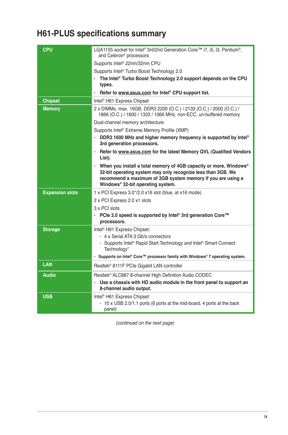 H61-plus specifications summary | Asus H61-PLUS User Manual | Page 9 / 84