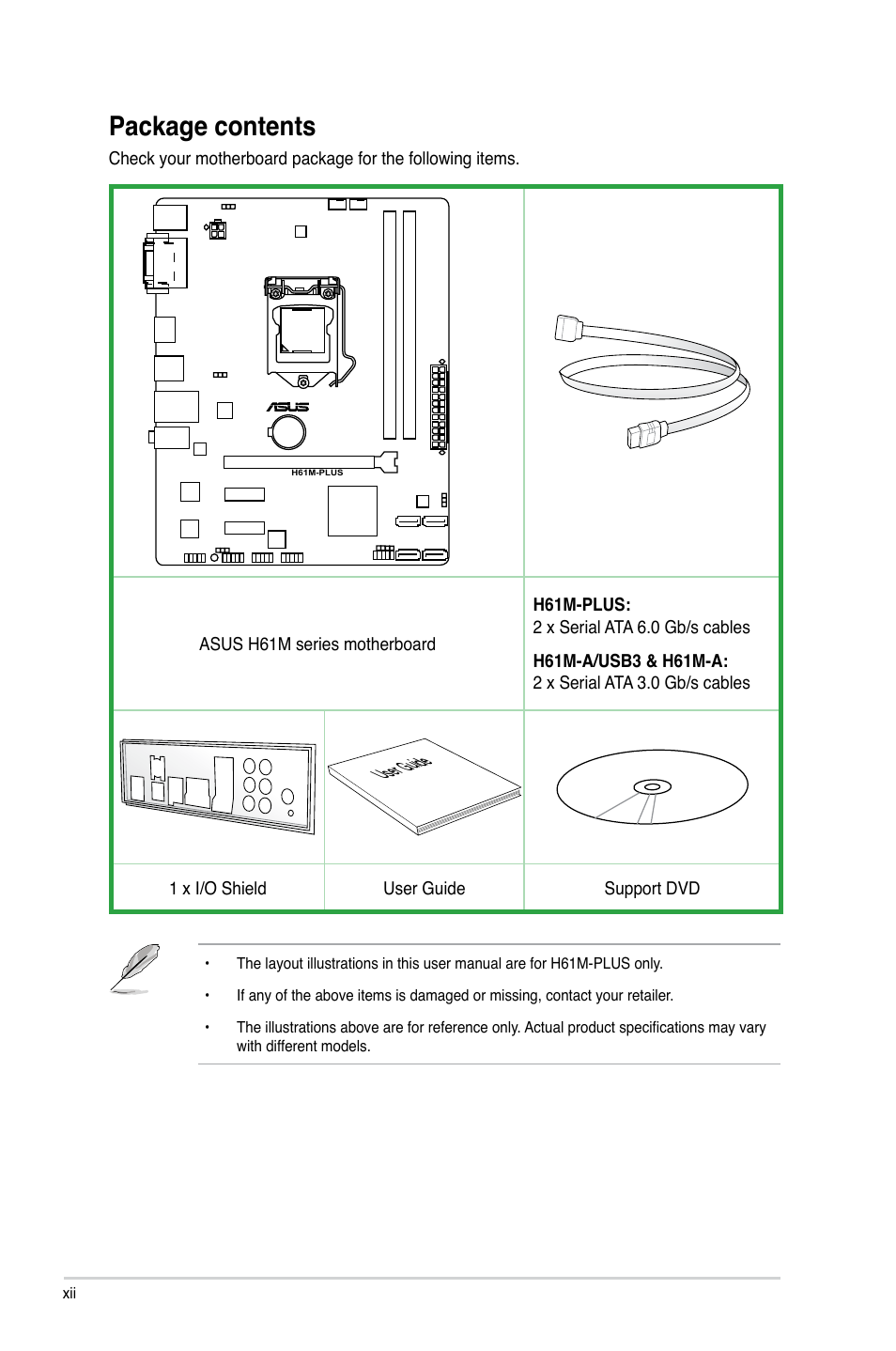 Package contents, H61m-a/usb3, User guide | Asus H61M-PLUS User Manual | Page 12 / 80