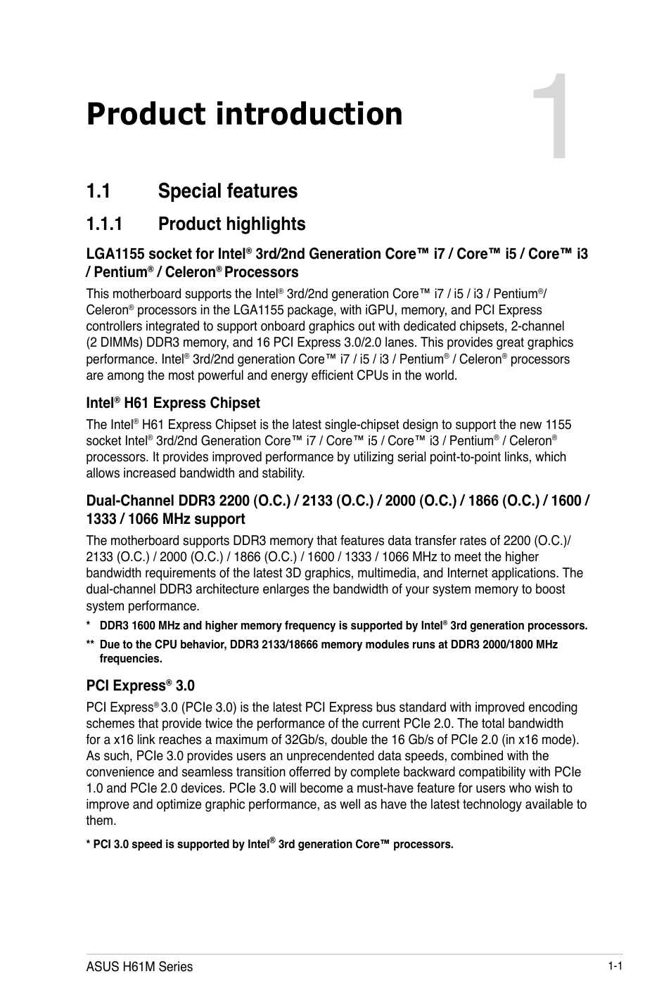 Product introduction, 1 special features, 1 product highlights | Special features -1 1.1.1, Product highlights -1 | Asus H61M-PLUS User Manual | Page 13 / 80