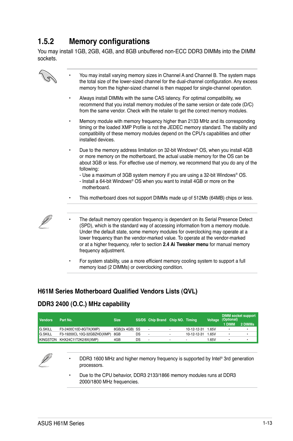 2 memory configurations, Memory configurations -13, Asus h61m series | Asus H61M-PLUS User Manual | Page 25 / 80
