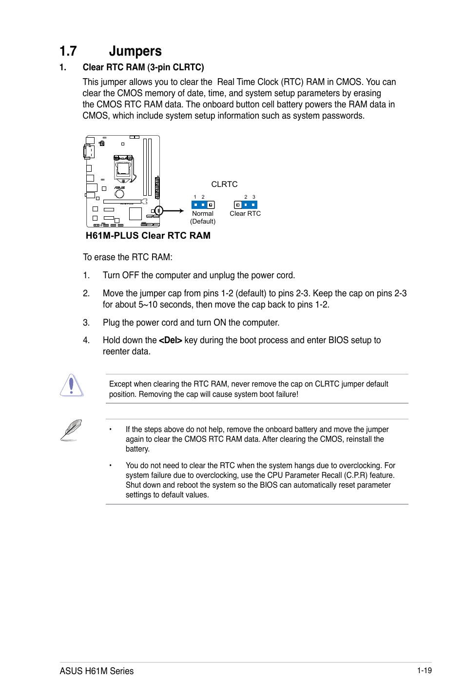 7 jumpers, Jumpers -19 | Asus H61M-PLUS User Manual | Page 31 / 80