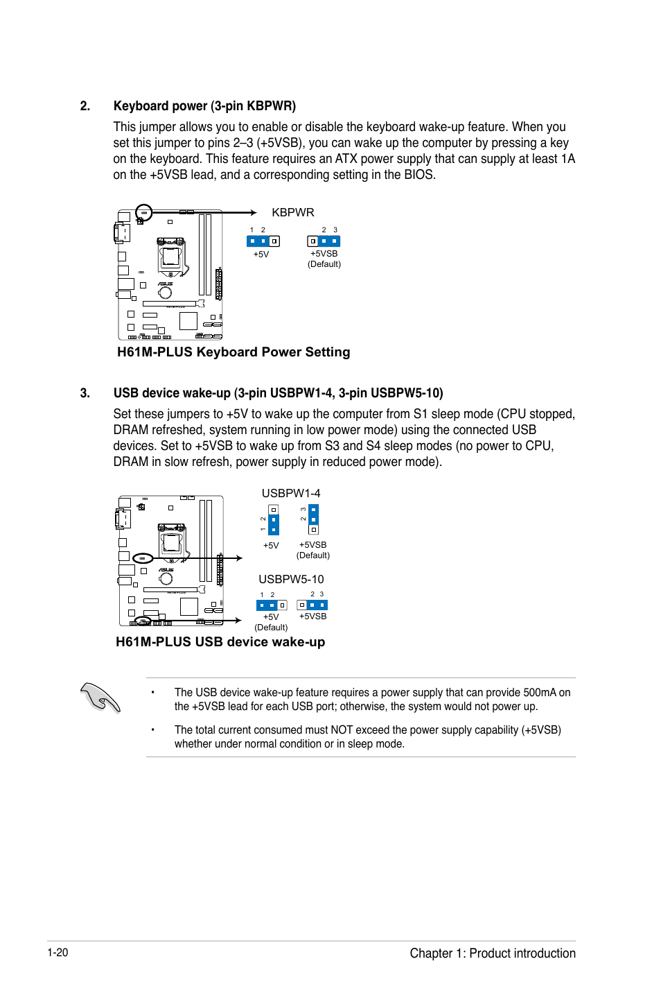 H61m-plus keyboard power setting, H61m-plus usb device wake-up, Chapter 1: product introduction | Asus H61M-PLUS User Manual | Page 32 / 80