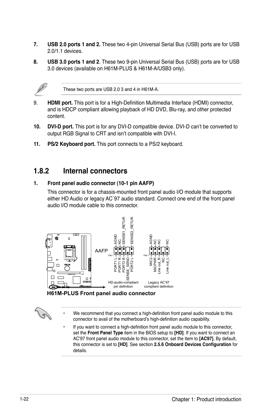 2 internal connectors, Internal connectors -22, H61m-plus front panel audio connector | Chapter 1: product introduction | Asus H61M-PLUS User Manual | Page 34 / 80