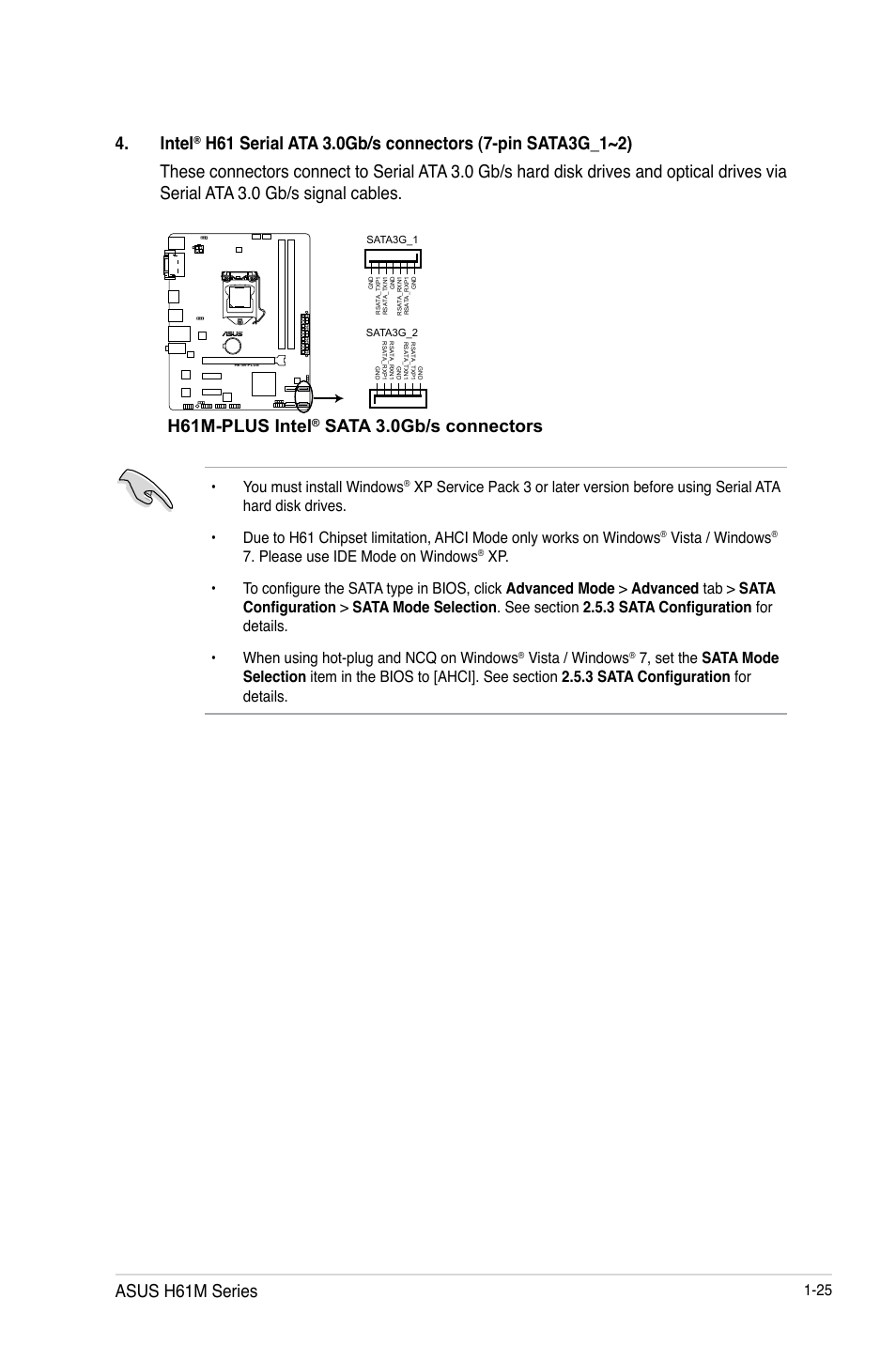 Intel, H61m-plus intel, Sata 3.0gb/s connectors asus h61m series | You must install windows, Vista / windows, Please use ide mode on windows | Asus H61M-PLUS User Manual | Page 37 / 80