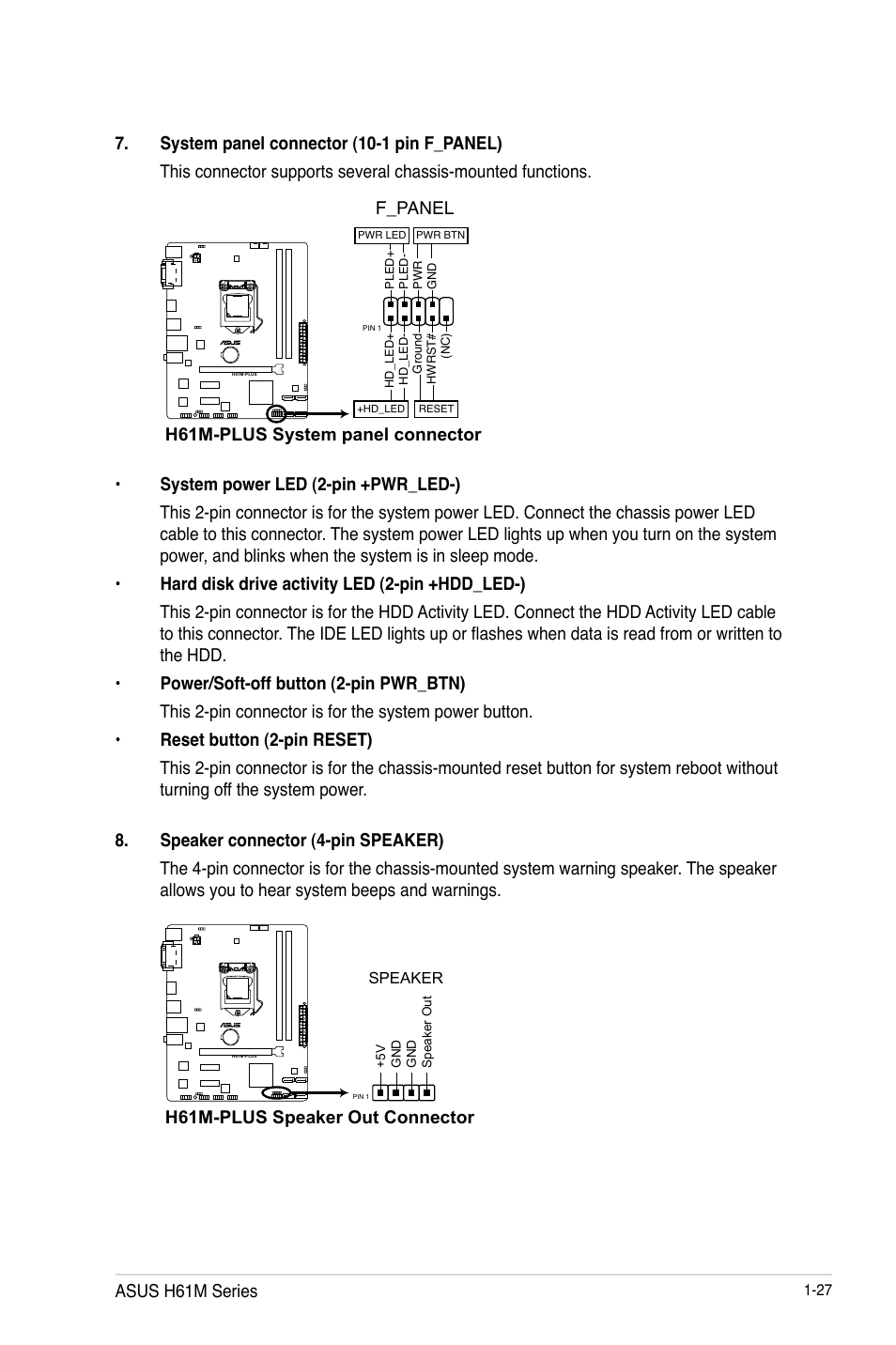 F_panel, H61m-plus system panel connector, H61m-plus speaker out connector | Asus h61m series | Asus H61M-PLUS User Manual | Page 39 / 80