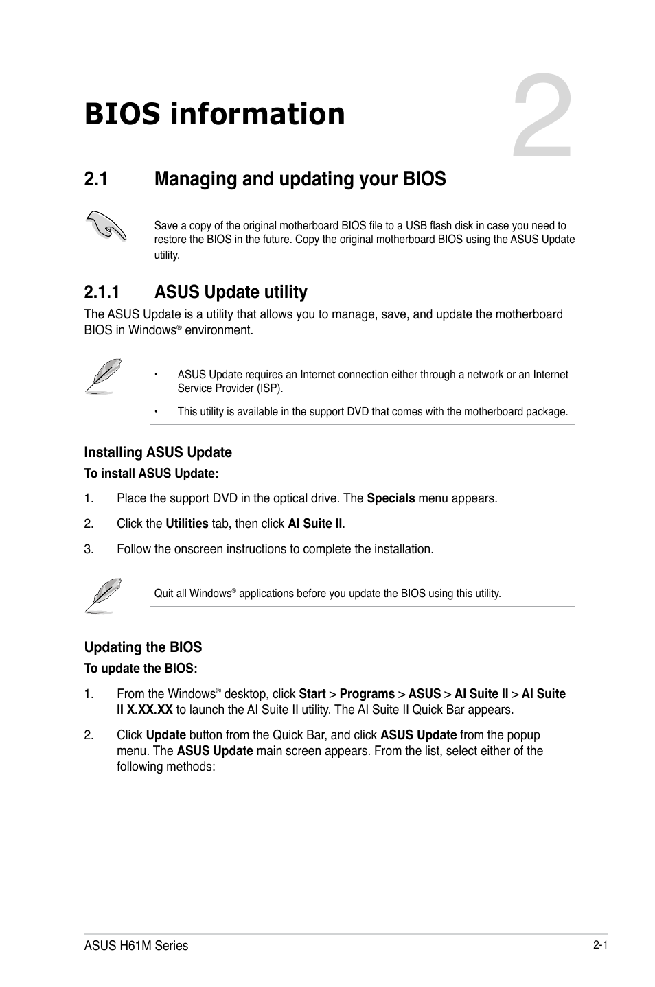 Bios information, 1 managing and updating your bios, 1 asus update utility | Managing and updating your bios -1 2.1.1, Asus update utility -1 | Asus H61M-PLUS User Manual | Page 41 / 80