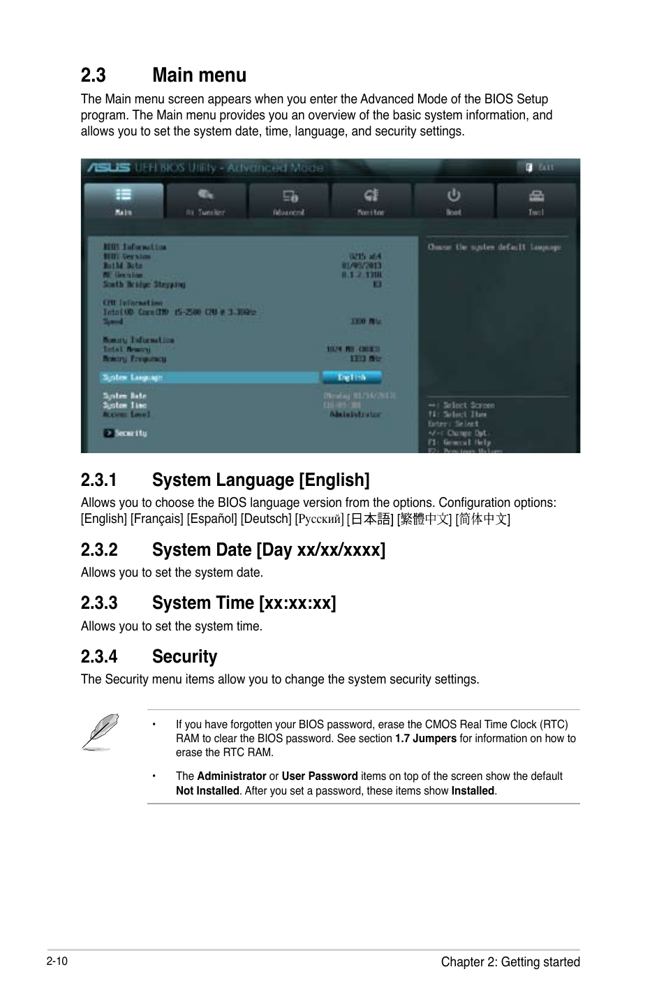 3 main menu, 1 system language [english, 2 system date [day xx/xx/xxxx | 3 system time [xx:xx:xx, 4 security, Main menu -10 2.3.1, System language [english] -10, System date [day xx/xx/xxxx] -10, System time [xx:xx:xx] -10, Security -10 | Asus H61M-PLUS User Manual | Page 50 / 80